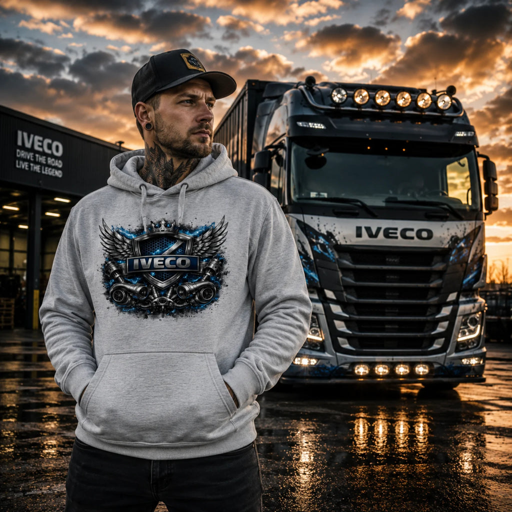 Grauer Kapuzenpullover mit IVECO Wings Frontprint, Kapuze und Kängurutasche