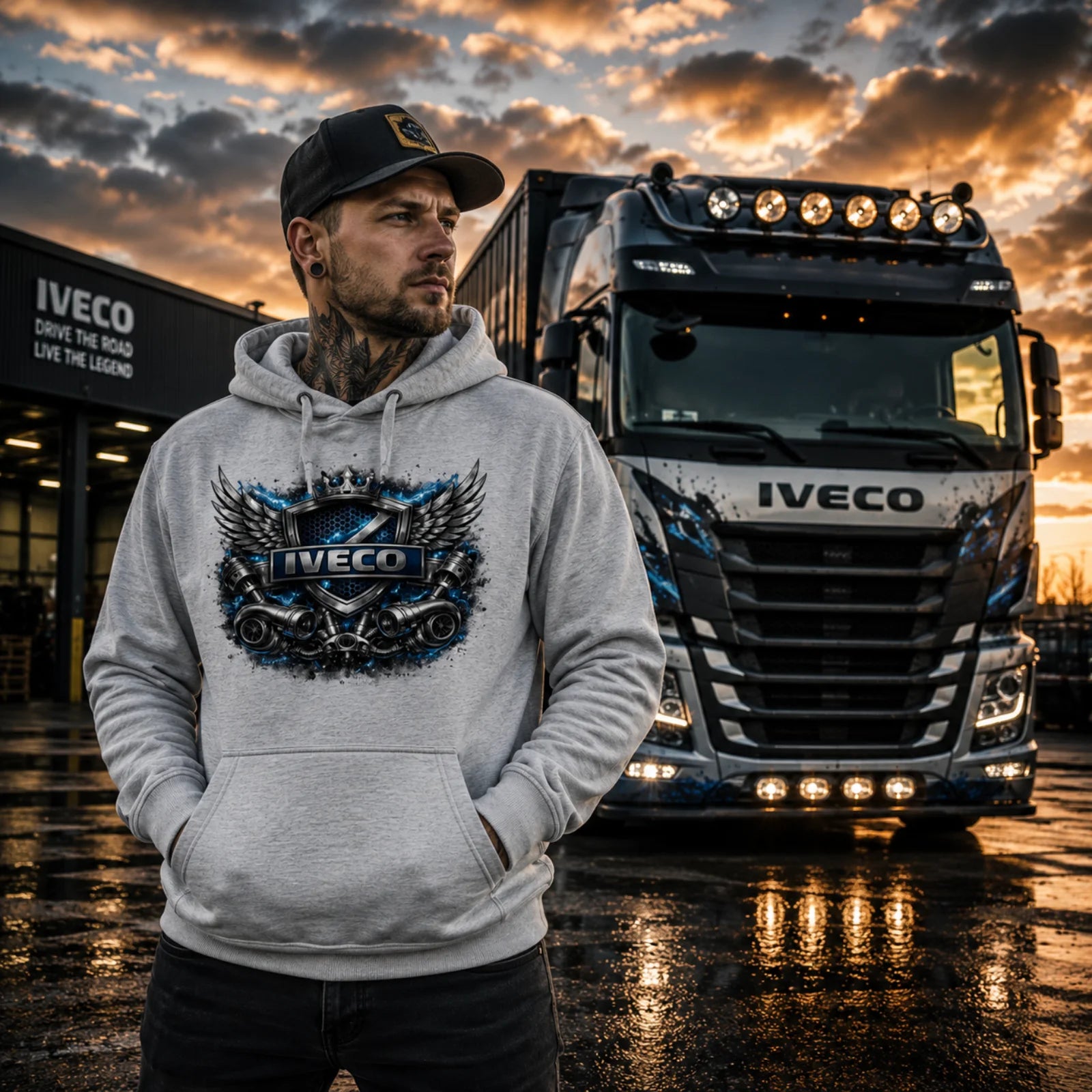 Grauer Kapuzenpullover mit IVECO Wings Frontprint, Kapuze und Kängurutasche