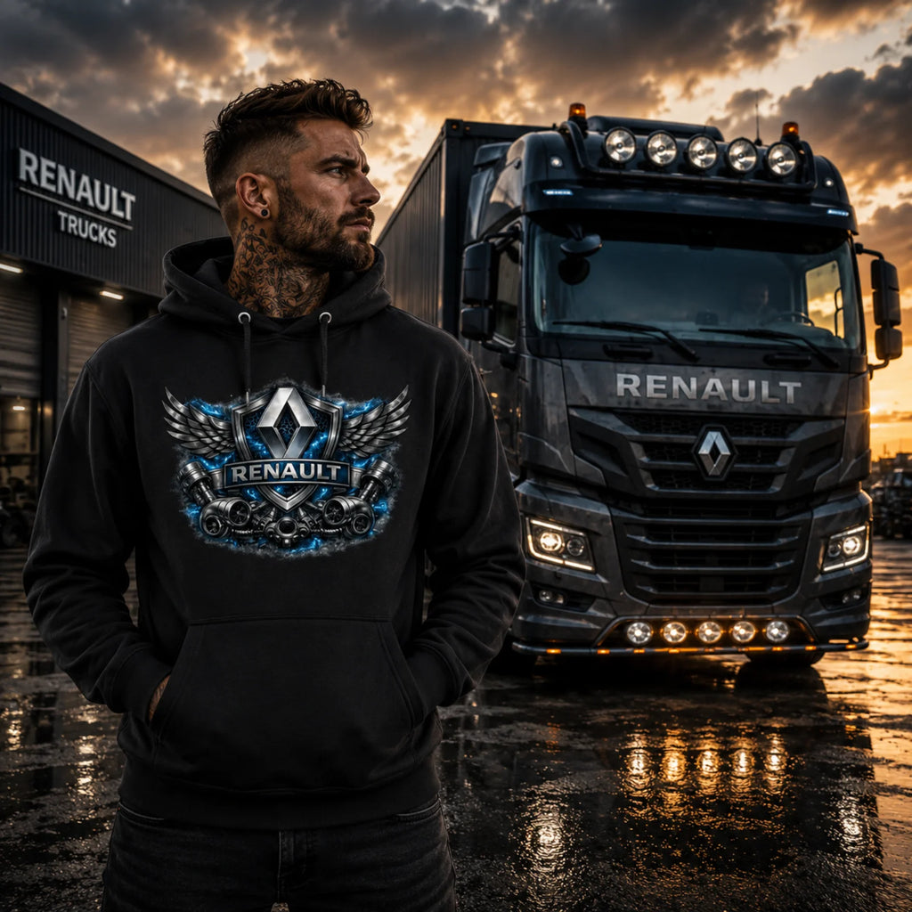 Schwarzer Kapuzenpullover mit Renault Wings Shield Brustmotiv, von Person getragen