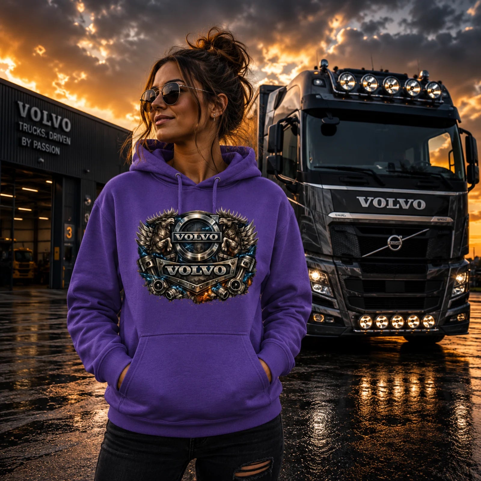 Lila Kapuzenpullover mit Volvo-Löwen-Print, Kängurutasche und Kapuze vorne