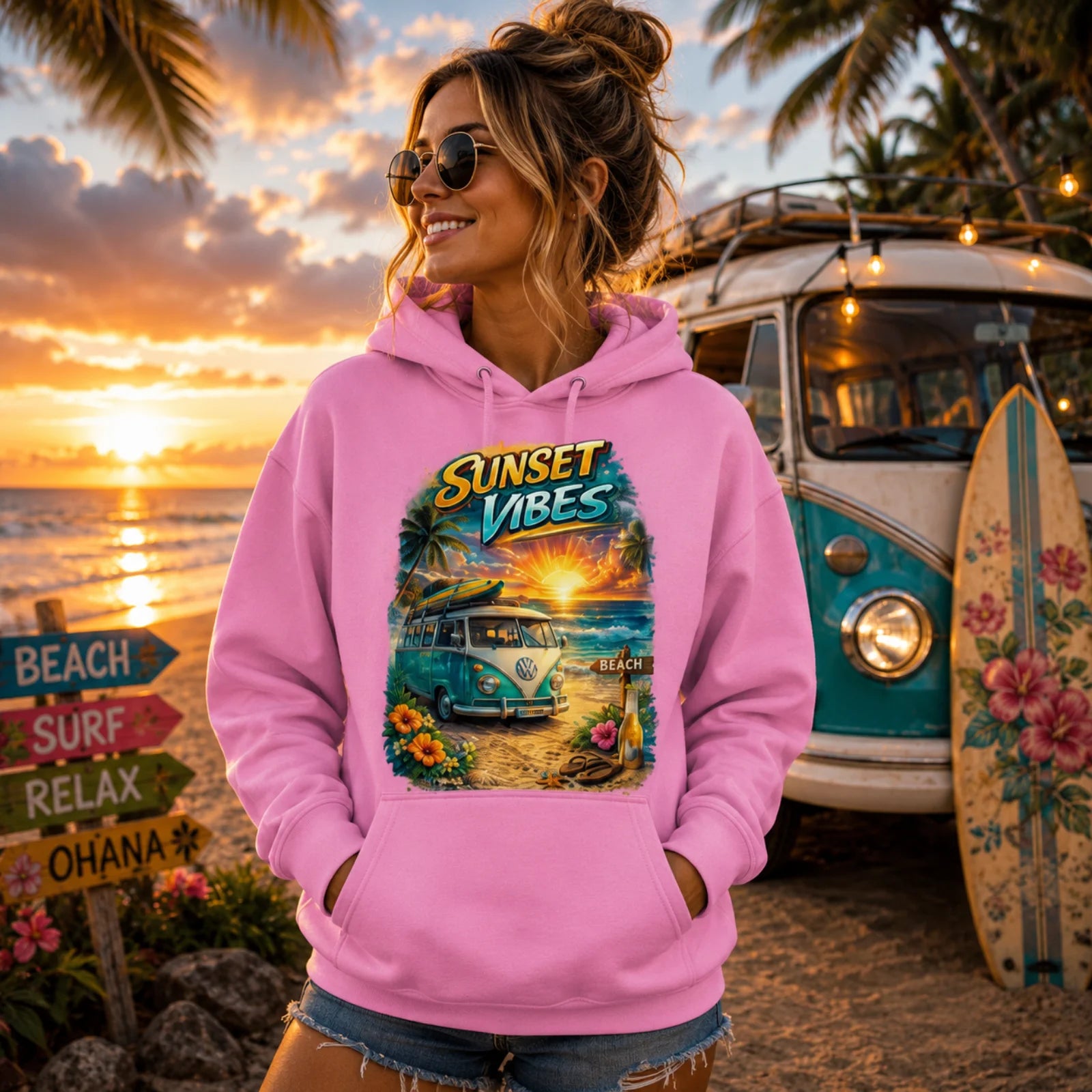 Rosa Kapuzensweatshirt mit Frontprint, Kordelzug und Kängurutasche (getragen)