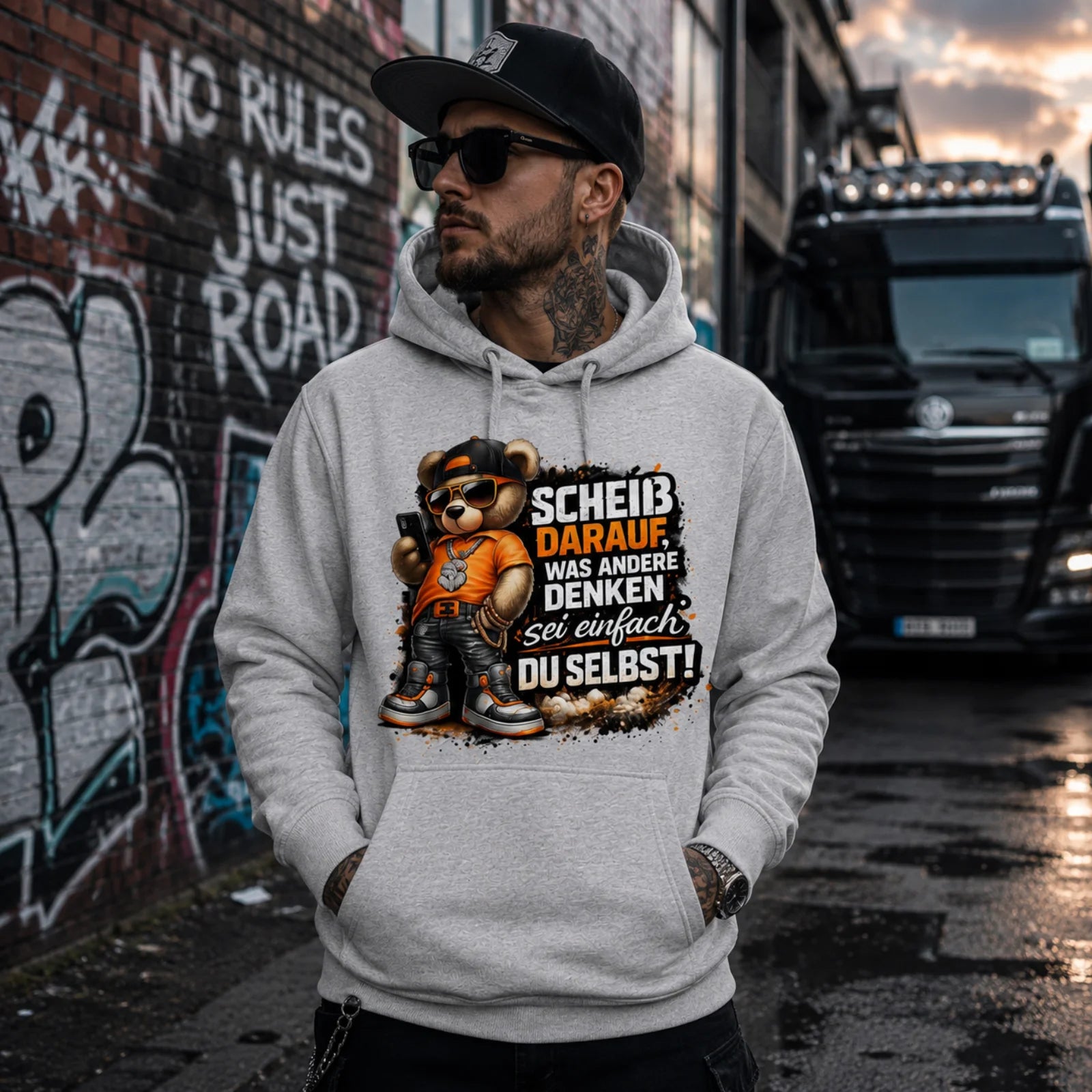 Helle graue Hoodie mit Bären-Frontprint, Kängurutasche und Kapuze mit Kordel