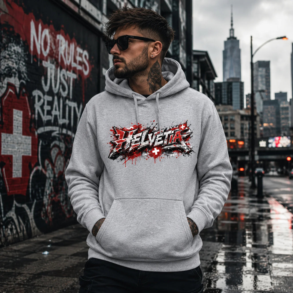 Grau melierter Kapuzenpullover mit Helvetia-Graffiti-Print, Kängurutasche und Kordelzug