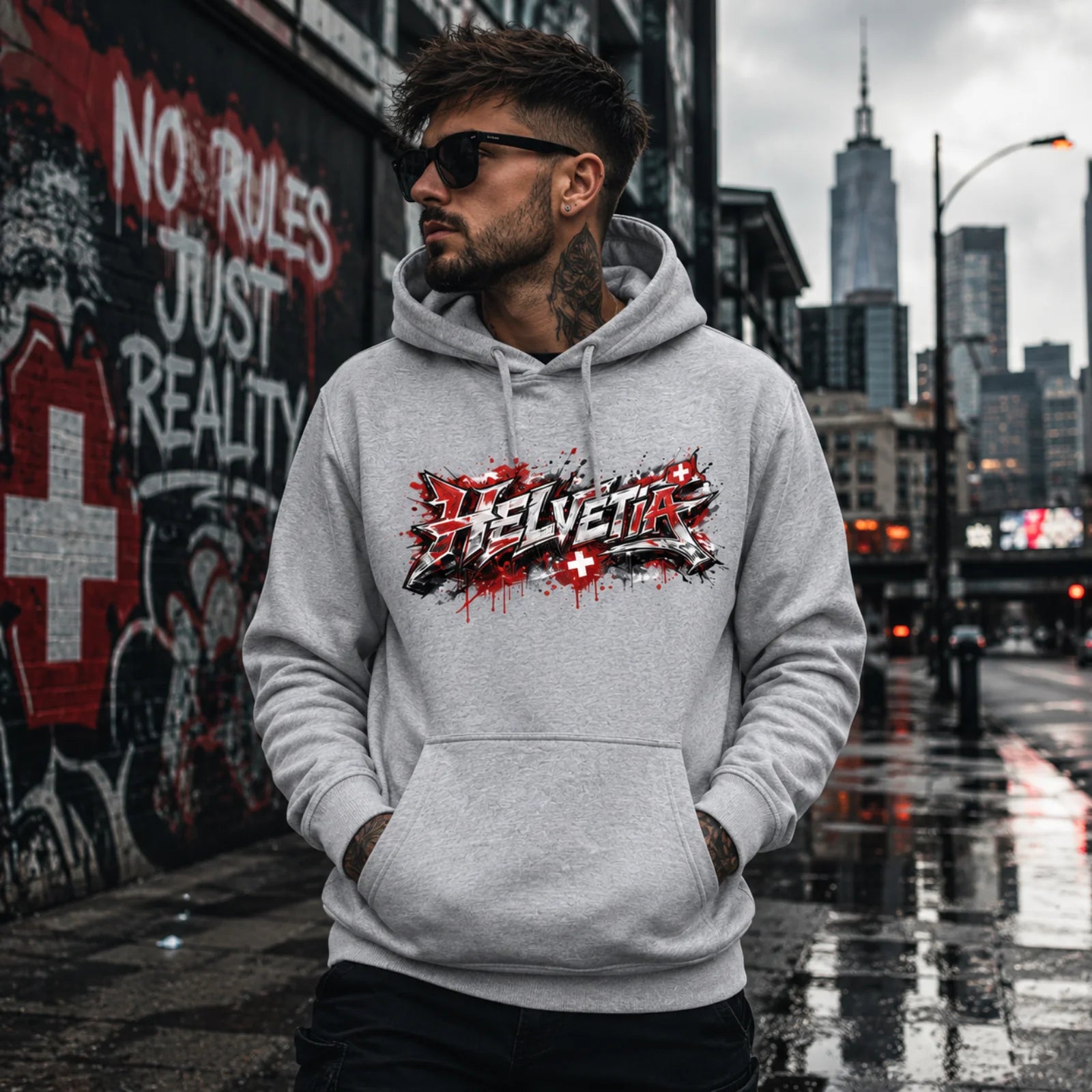 Grau melierter Kapuzenpullover mit Helvetia-Graffiti-Print, Kängurutasche und Kordelzug