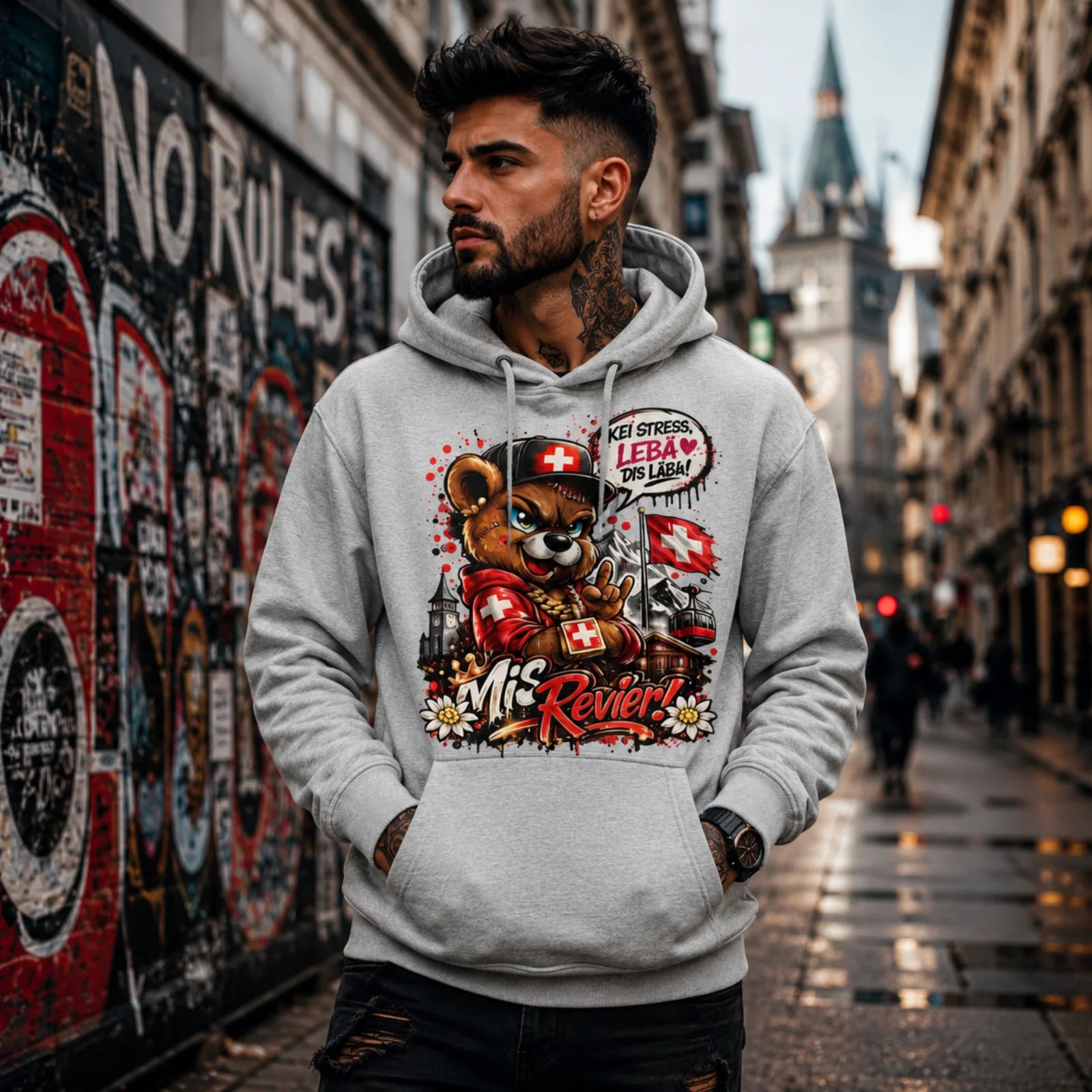 Mis Revier Hoodie mit Bärenmotiv, graumeliert, Kapuze, Kängurutasche