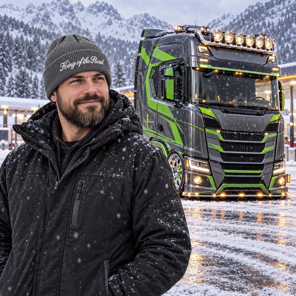 Beanie aus Strick in Dunkelgrau mit weißer Stickerei, eng anliegend