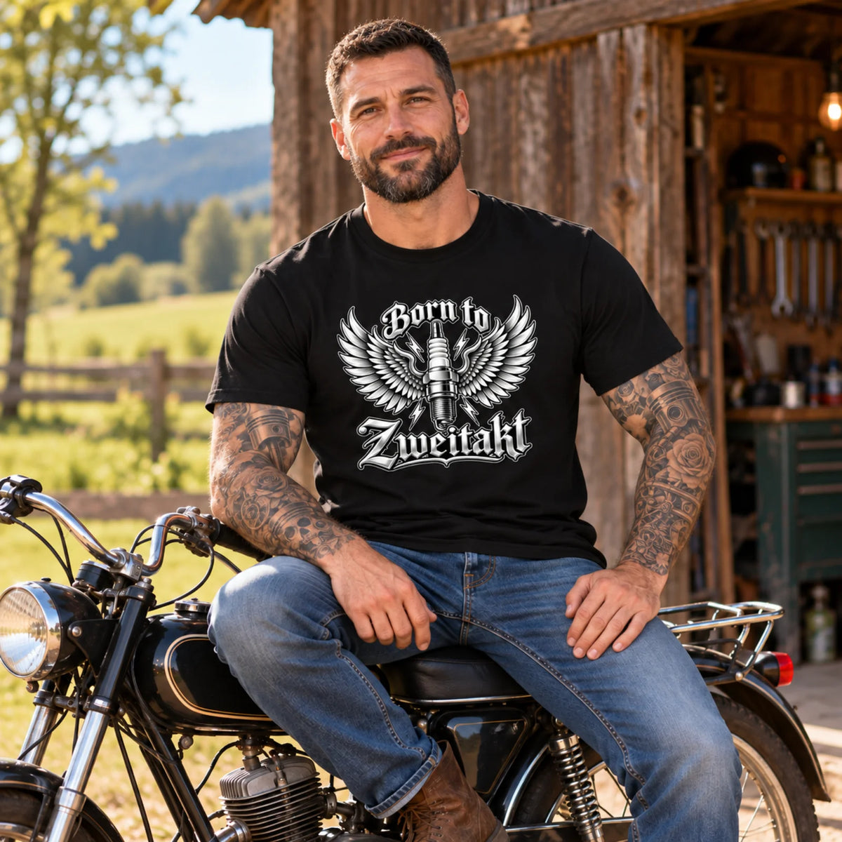 Schwarzes T-Shirt am Modell mit Flügeln und Zündkerzen-Grafik, Aufdruck „Born to Zweitakt“