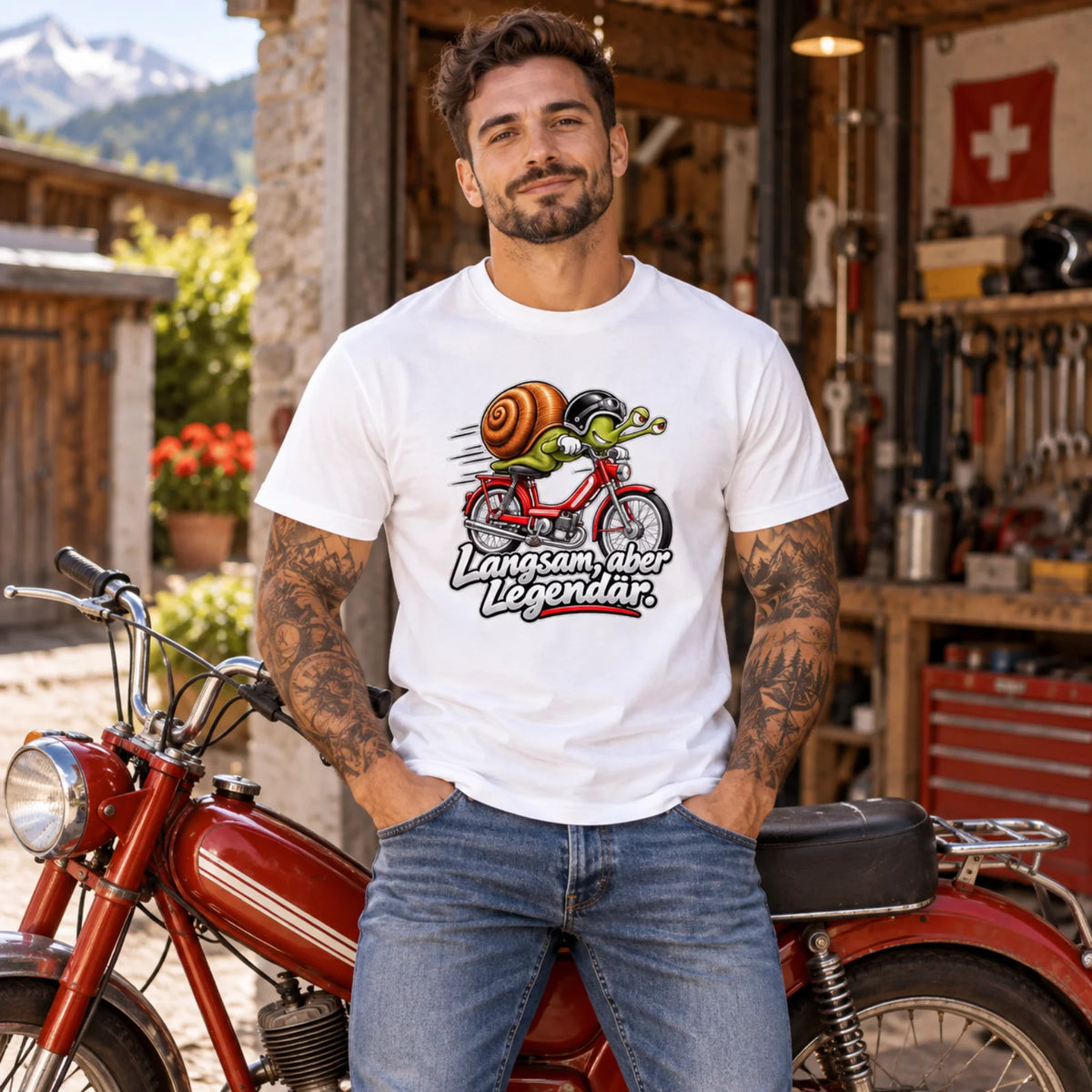 Mofa-T-Shirt in Weiß am Model mit Schnecken- und Motorrad-Frontprint