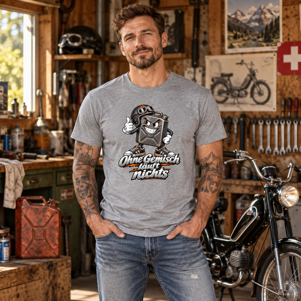 Graues Mofa-T-Shirt mit Benzinkanister-Print und Rundhalsausschnitt