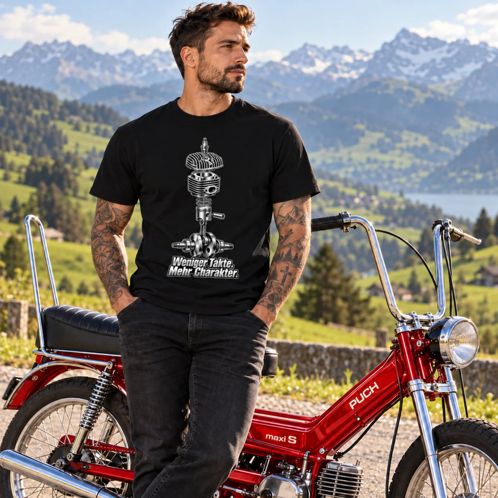 Schwarzes Mofa-T-Shirt am Modell mit Motor-Print und Schriftzug vorn