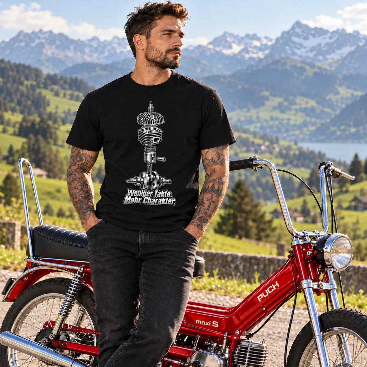 Schwarzes Mofa-T-Shirt am Modell mit Motor-Print und Schriftzug vorn
