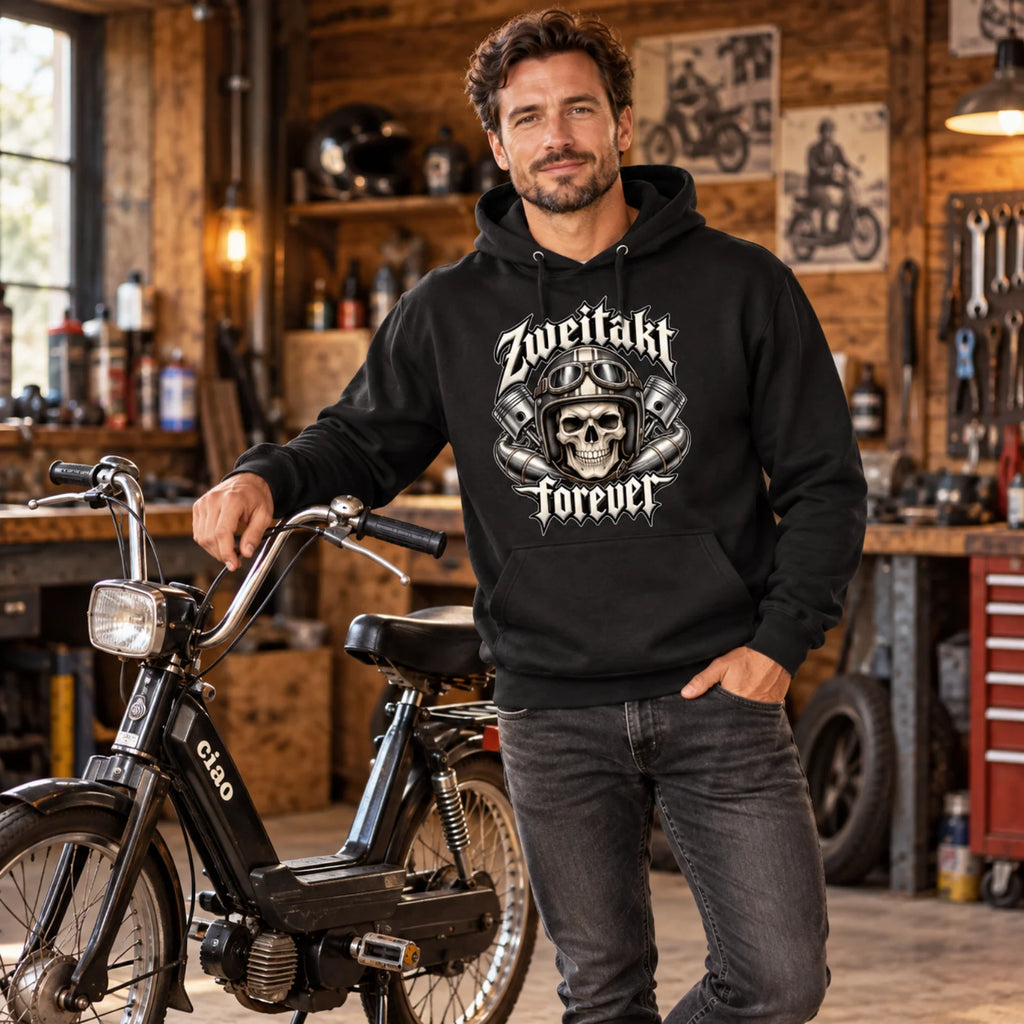 Schwarzer Hoodie mit Totenkopf-Motiv, Kängurutasche und Kapuze mit Kordel