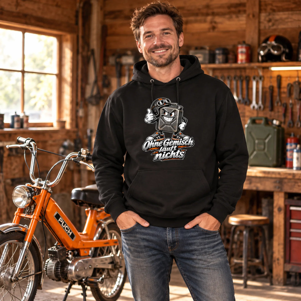 Schwarze Hoodie mit Kapuze und Fronttasche, Kanistermotiv vorn getragen