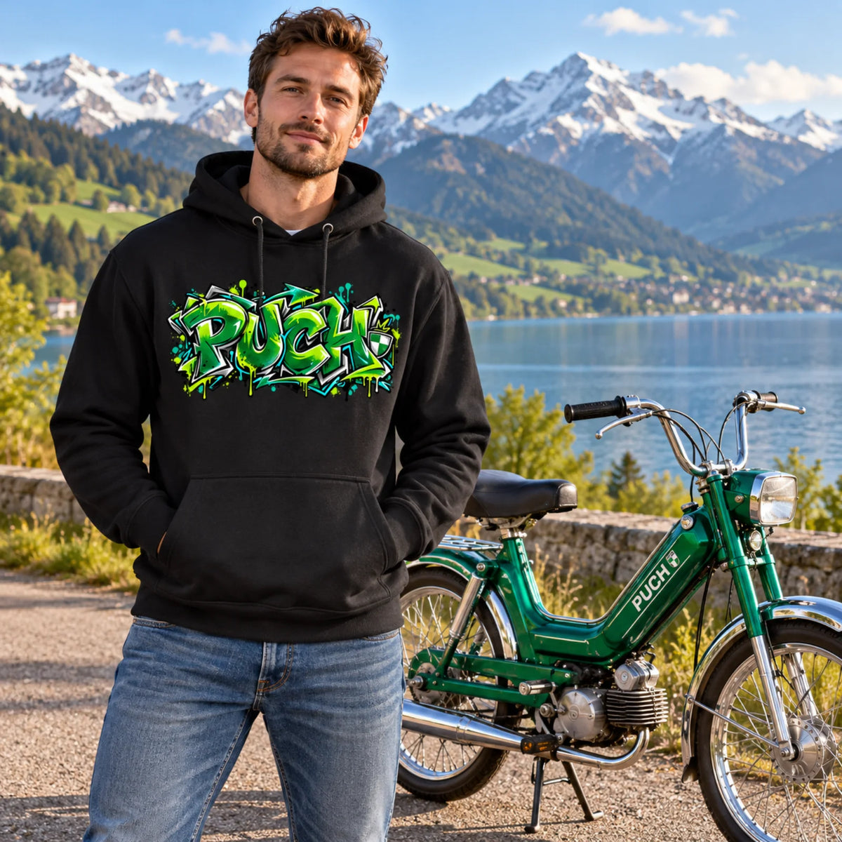Schwarze Hoodie mit Kapuze, grüner Graffiti-Print „Puch“ auf der Vorderseite