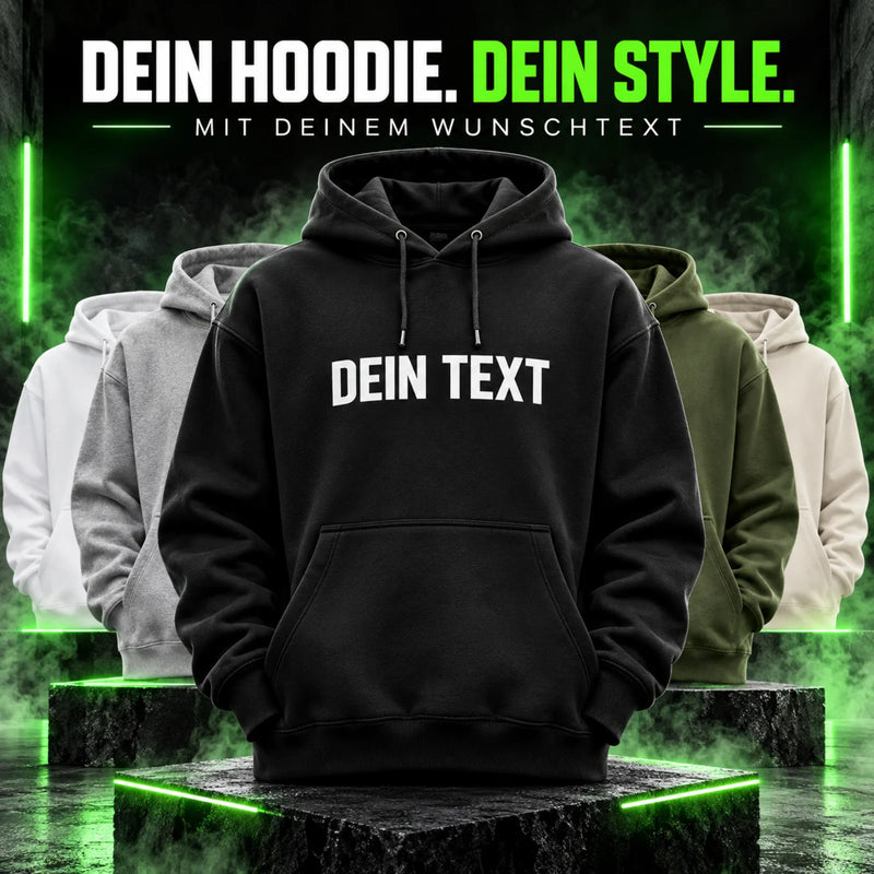 Schwarzer Hoodie mit Kapuze und Frontdruck „DEIN TEXT“