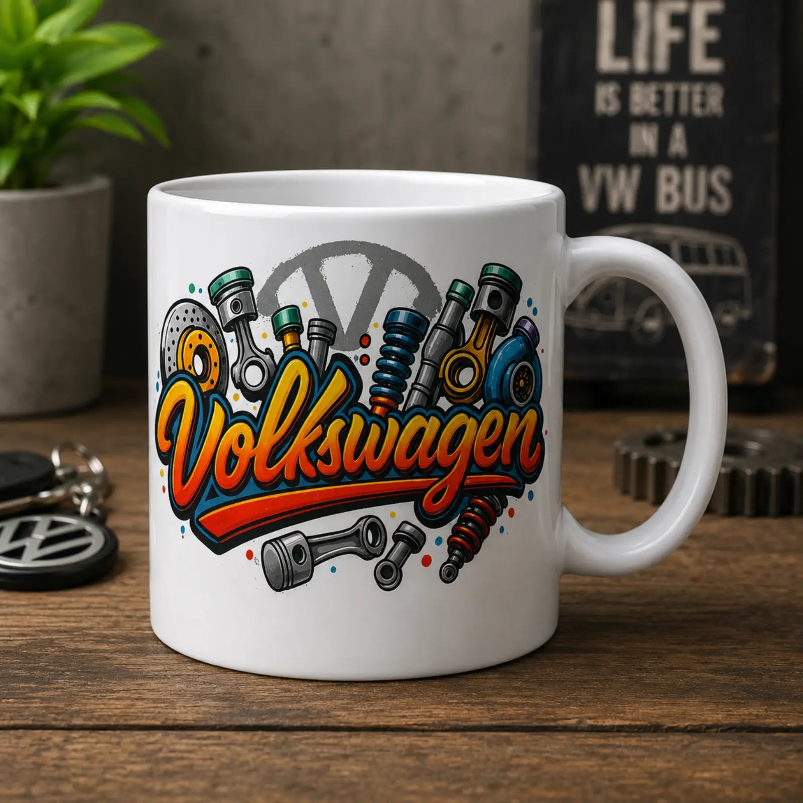 VW-Style Tasse aus Polymer, weiße Kaffeetasse mit buntem VW-Grafikdesign und Henkel