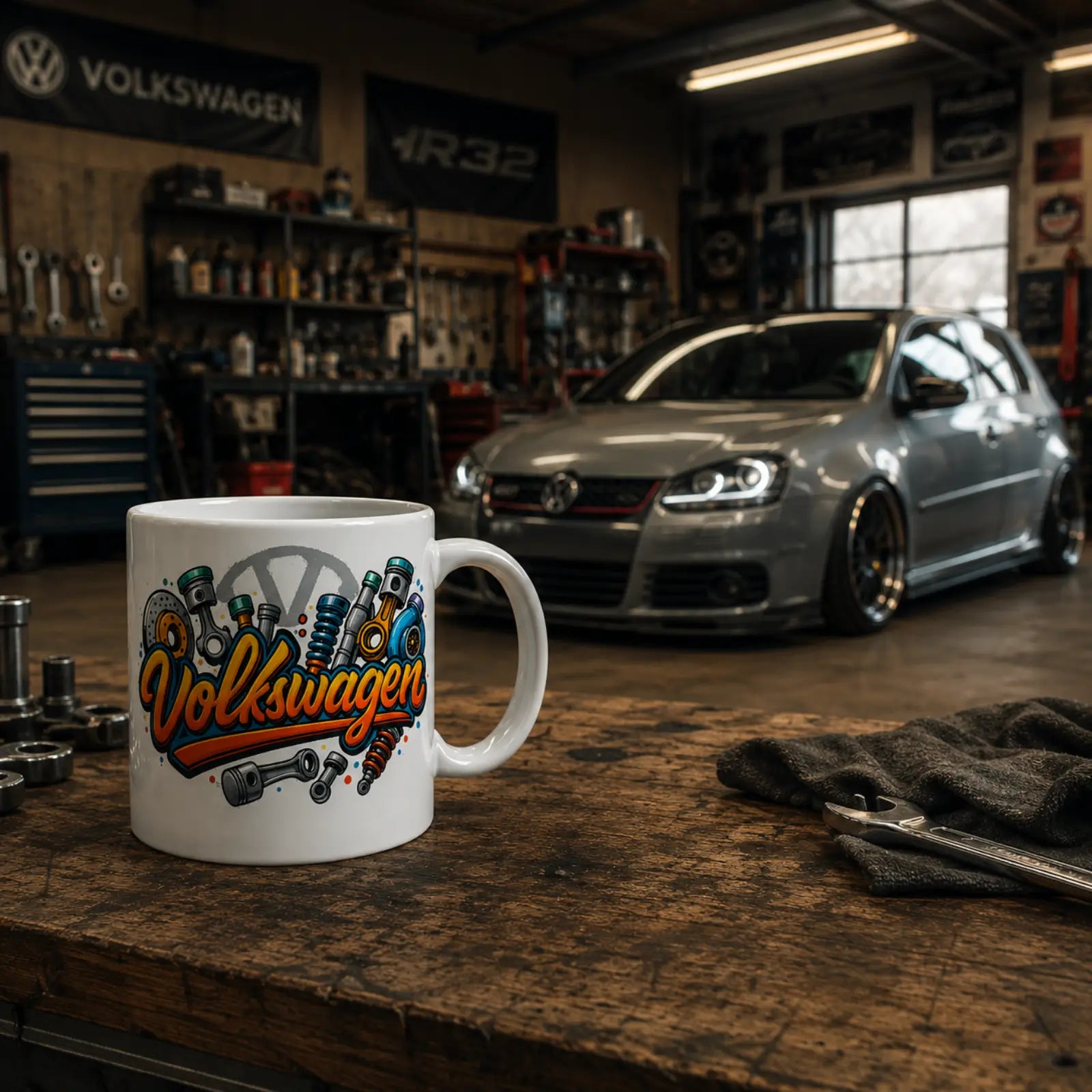 Weiße VW-Style Tasse aus Polymer mit buntem Fahrzeug-Illustrationsdruck und großem Henkel