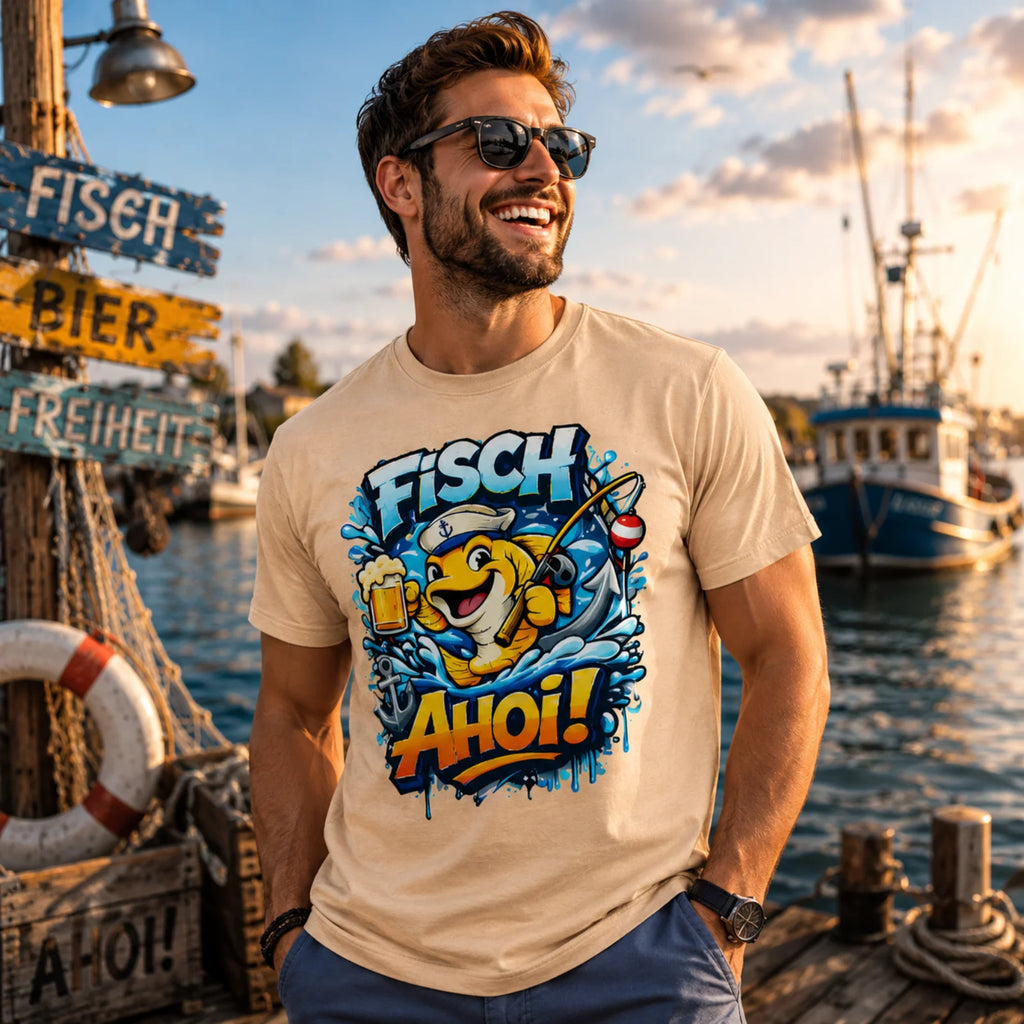 Beiges T-Shirt mit Fisch-Ahoi-Comicprint, getragen von einer Person.