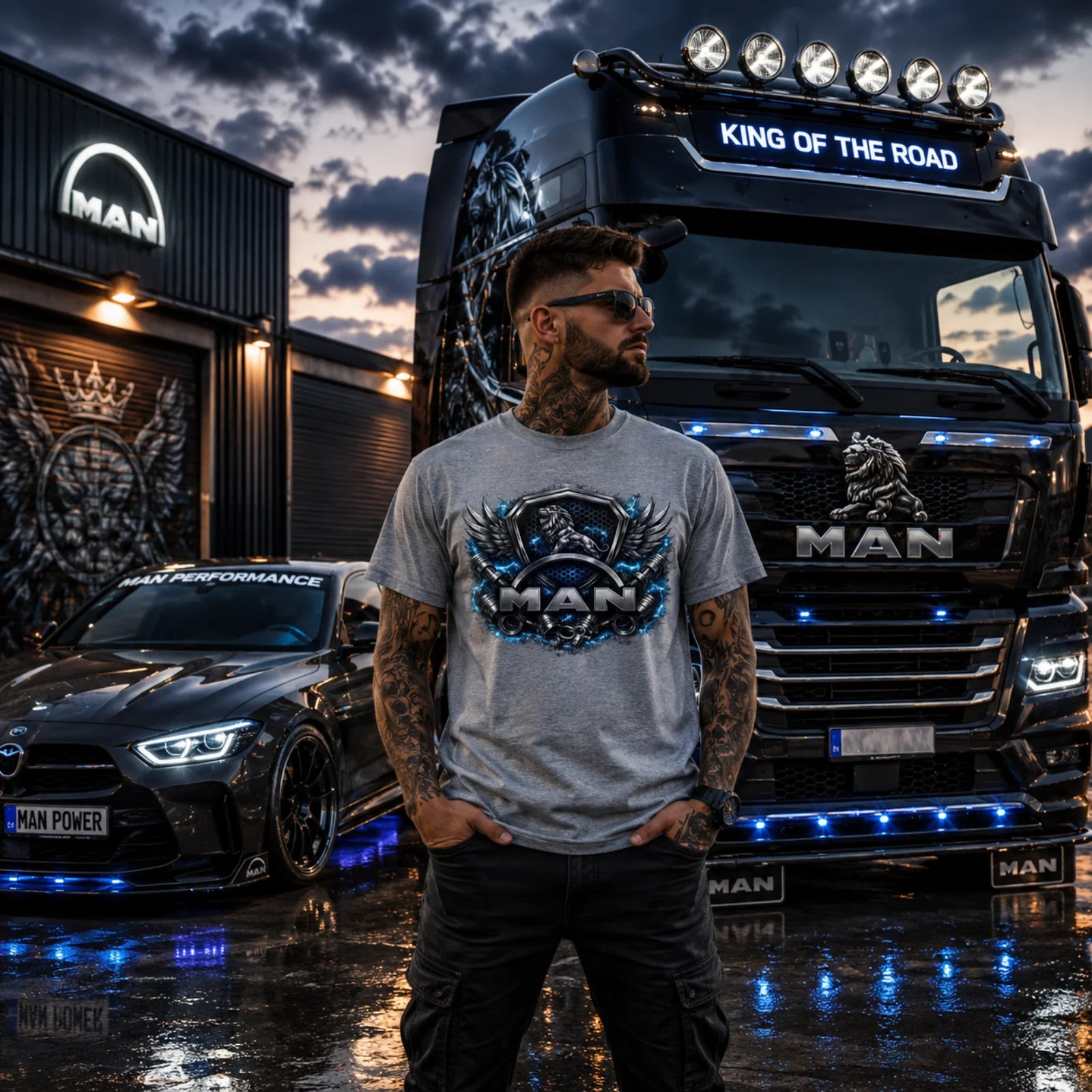 Graues T-Shirt mit großem MAN-Print mit Flügeln auf der Brust