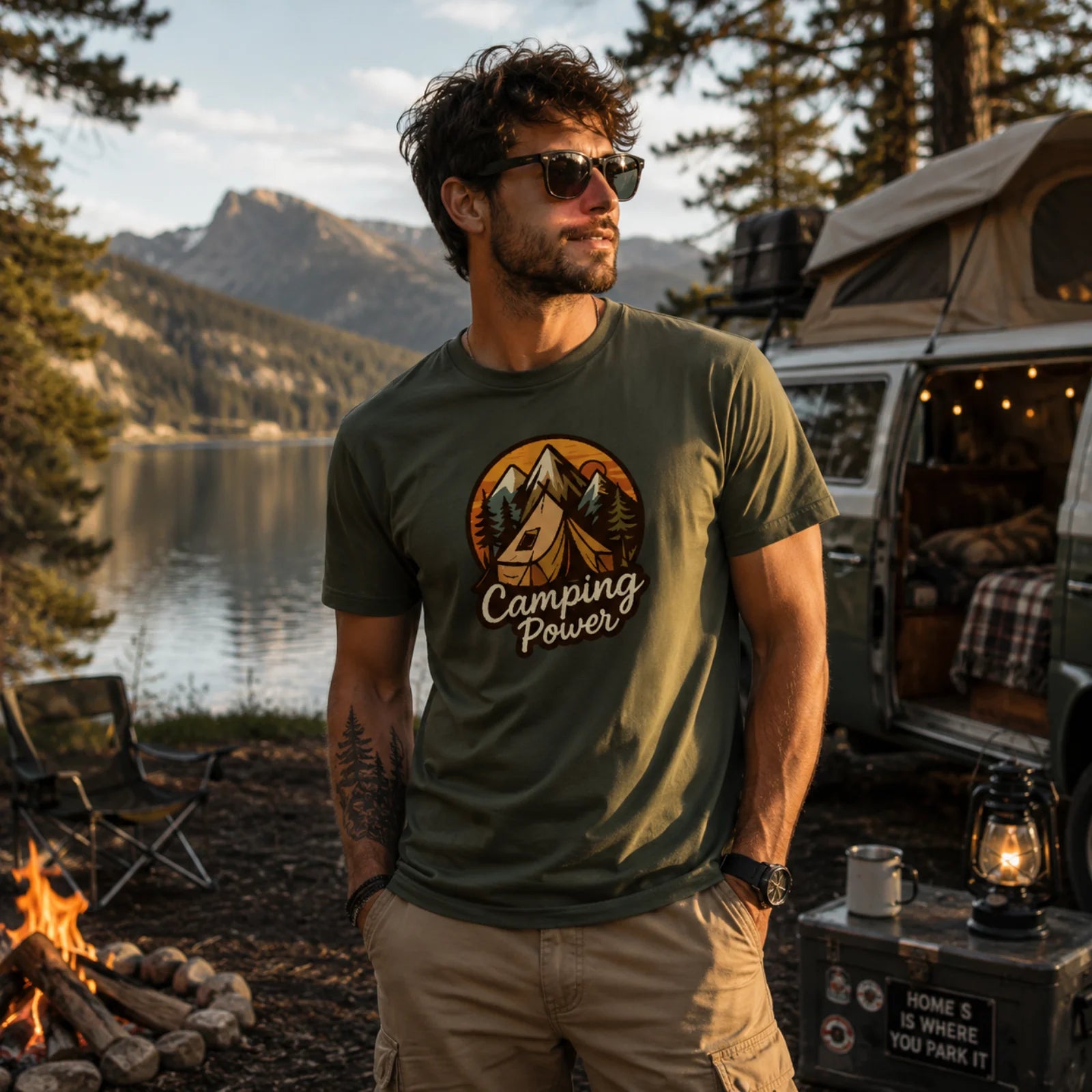 Camping-Power-Herren-T-Shirt in olivgrün mit Baum-Logo vorn