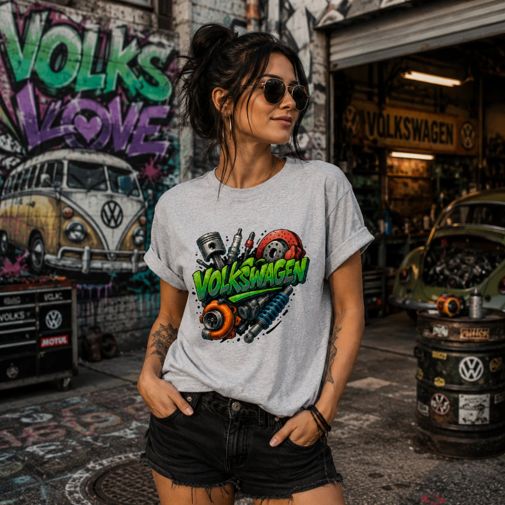 T-Shirt grau mit Rundhalsausschnitt und Frontaufdruck „Volkswagen“ und Motor-Illustration