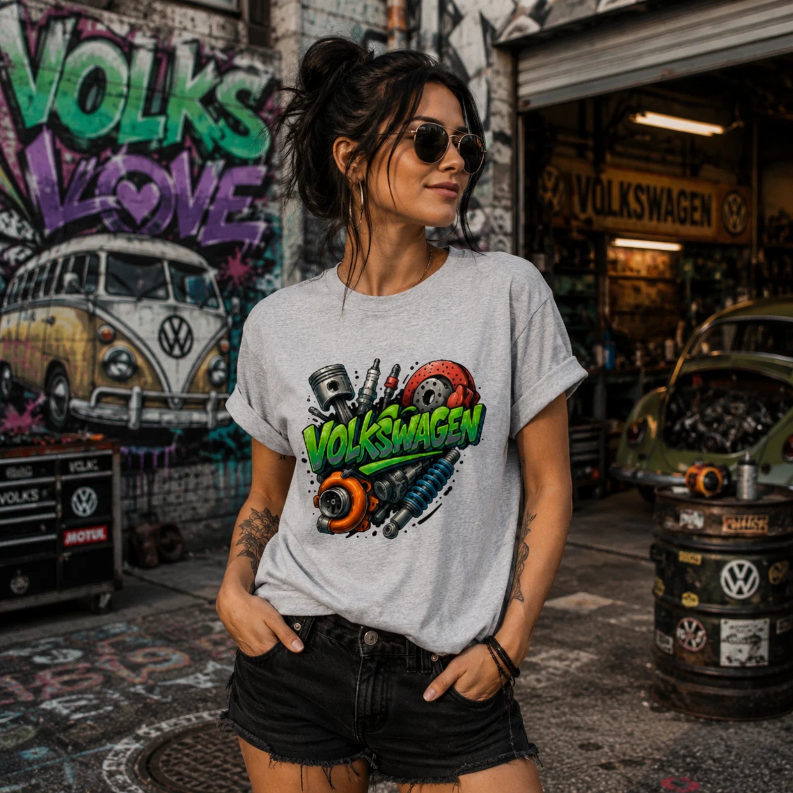 T-Shirt grau mit Rundhalsausschnitt und Frontaufdruck „Volkswagen“ und Motor-Illustration