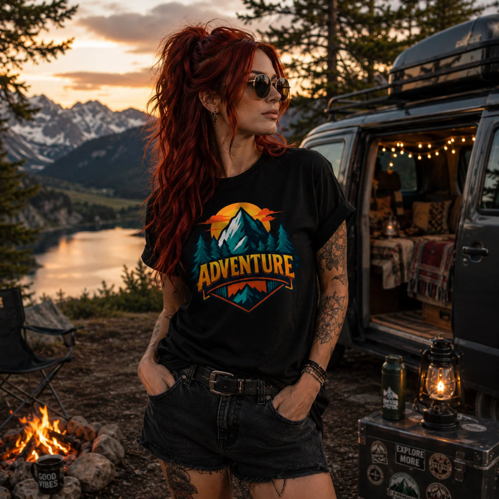 Schwarzes T‑Shirt mit großem buntem Adventure‑Print auf der Vorderseite