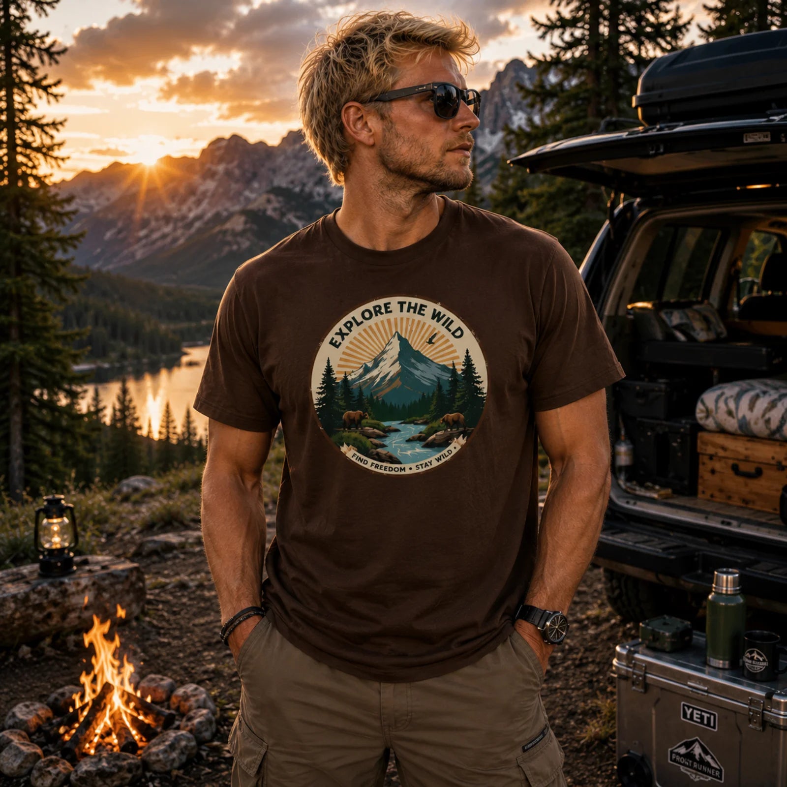 Braunes T-Shirt mit Rundhals und großem Rund-Logo-Print