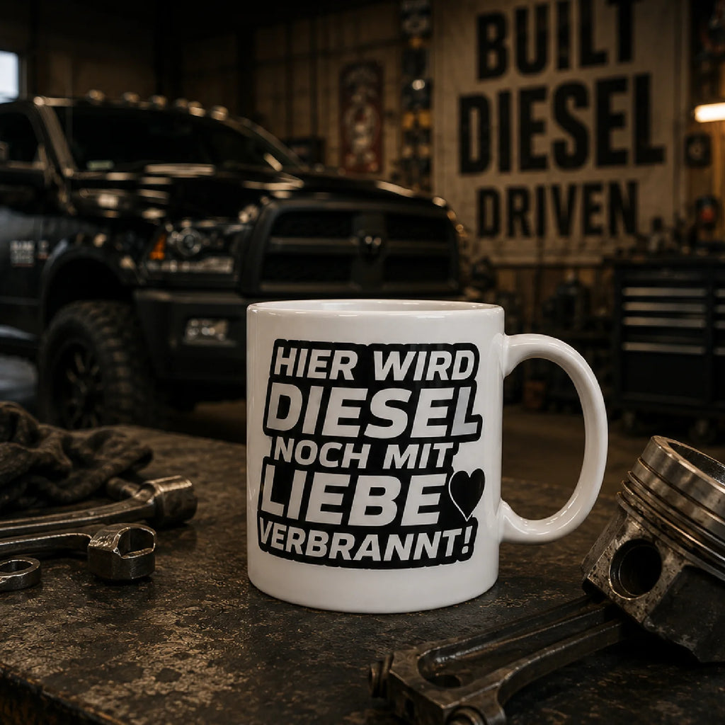 Weiße Polymertasse mit Schriftzug „Hier wird Diesel noch mit Liebe verbrannt“