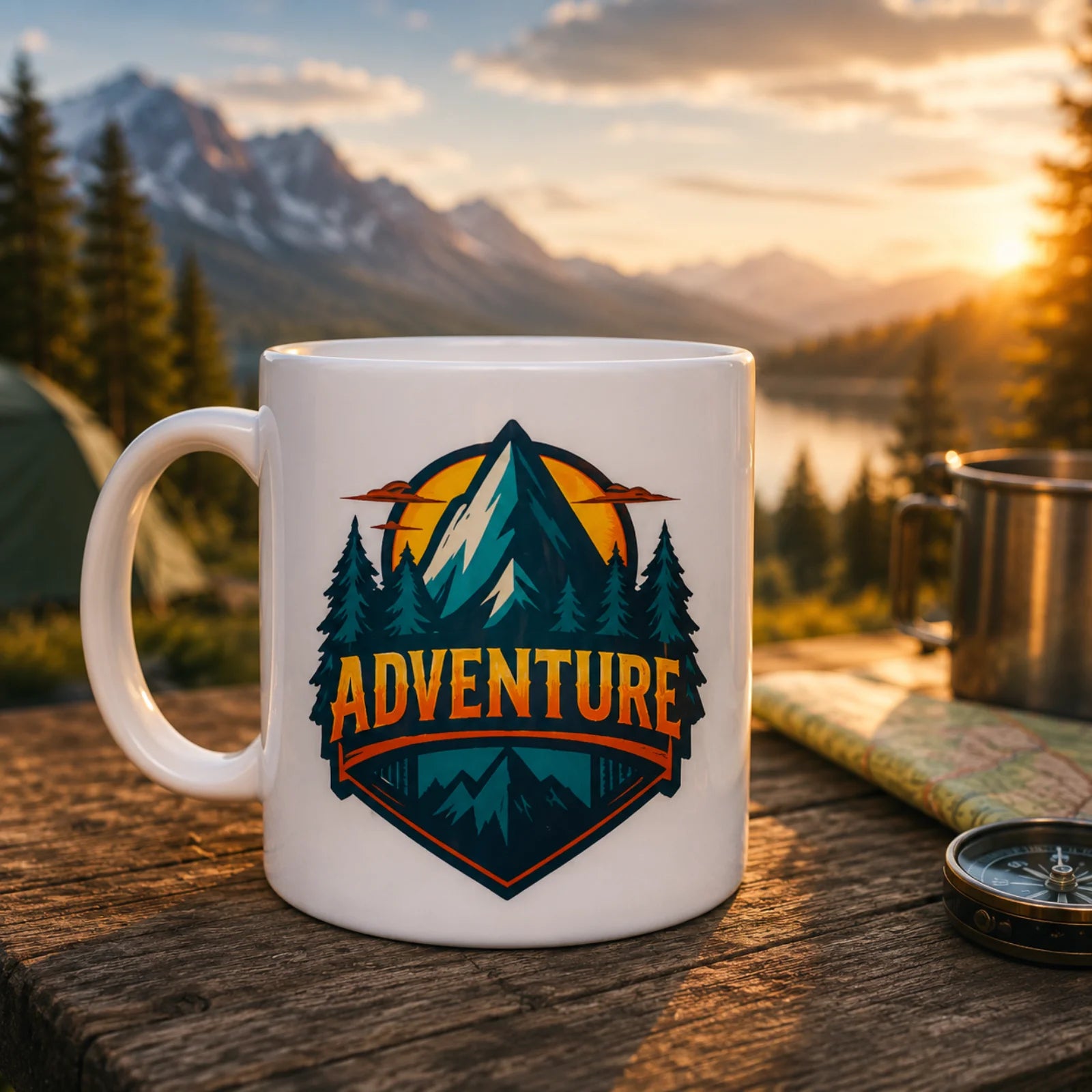 Weiße Polymer-Tasse mit Henkel, Aufdruck „ADVENTURE“ und Berg-/Wald-Emblem