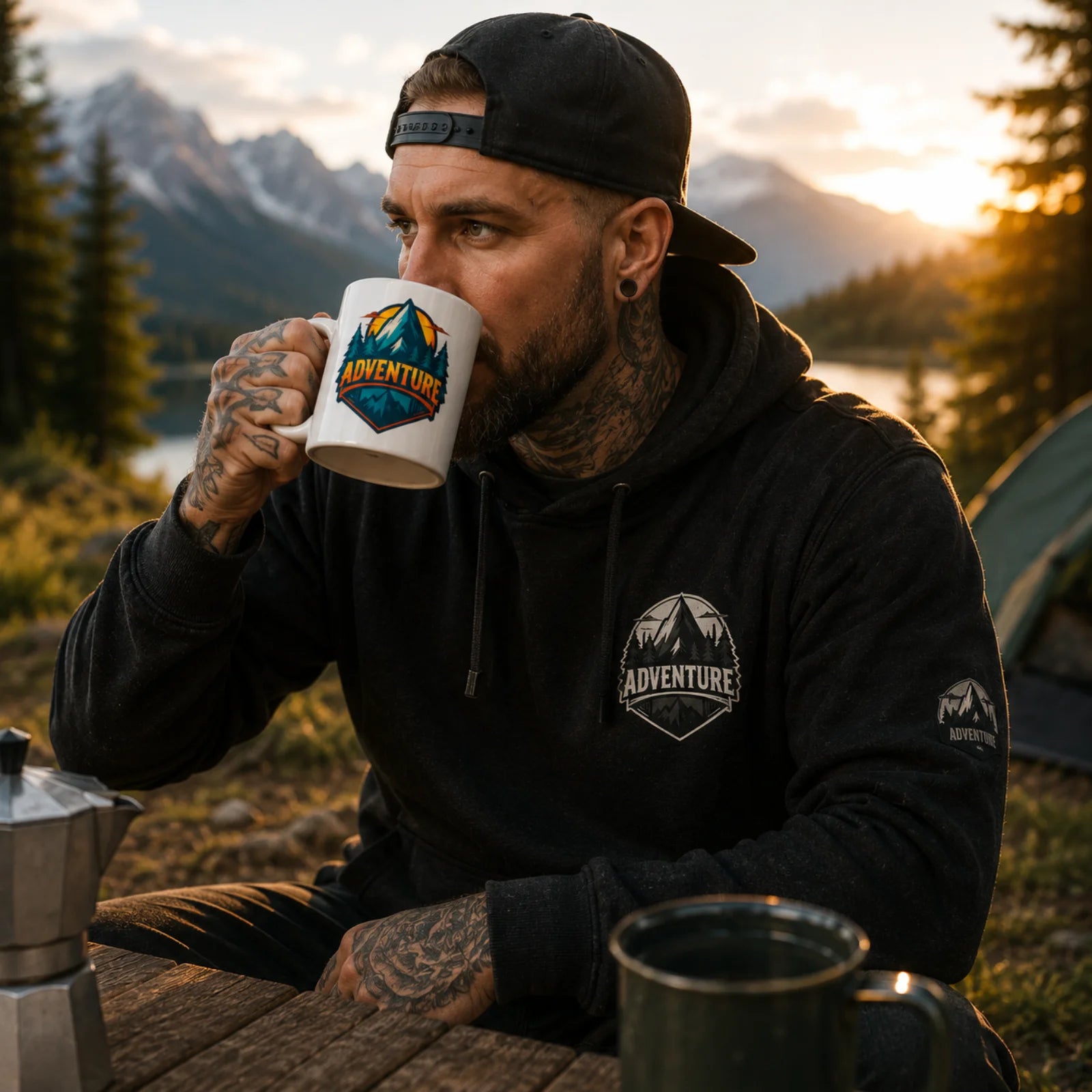 Weiße Polymer-Tasse mit Henkel und „ADVENTURE“-Logo, Mann trinkt daraus