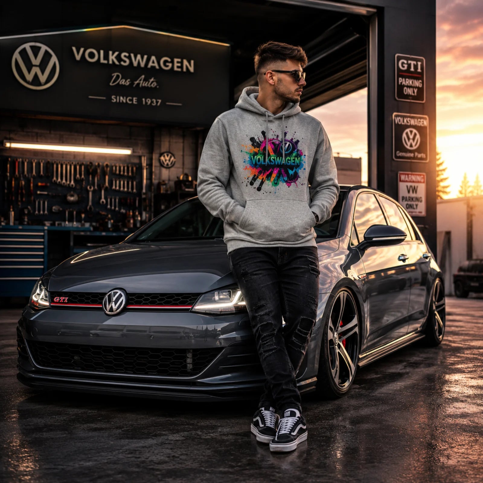 Volkswagen Hoodie mit Kapuze, hellgrau und großem Frontprint