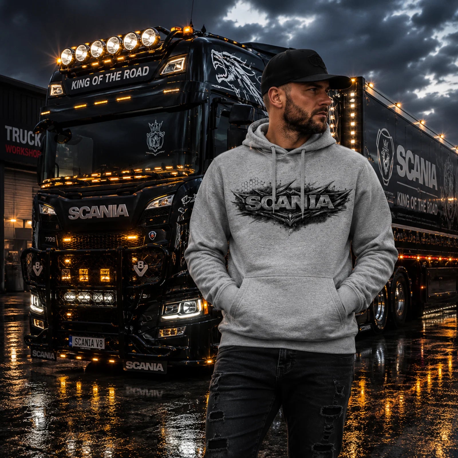 Grau melierter Kapuzenpullover mit SCANIA-Frontprint und Kängurutasche