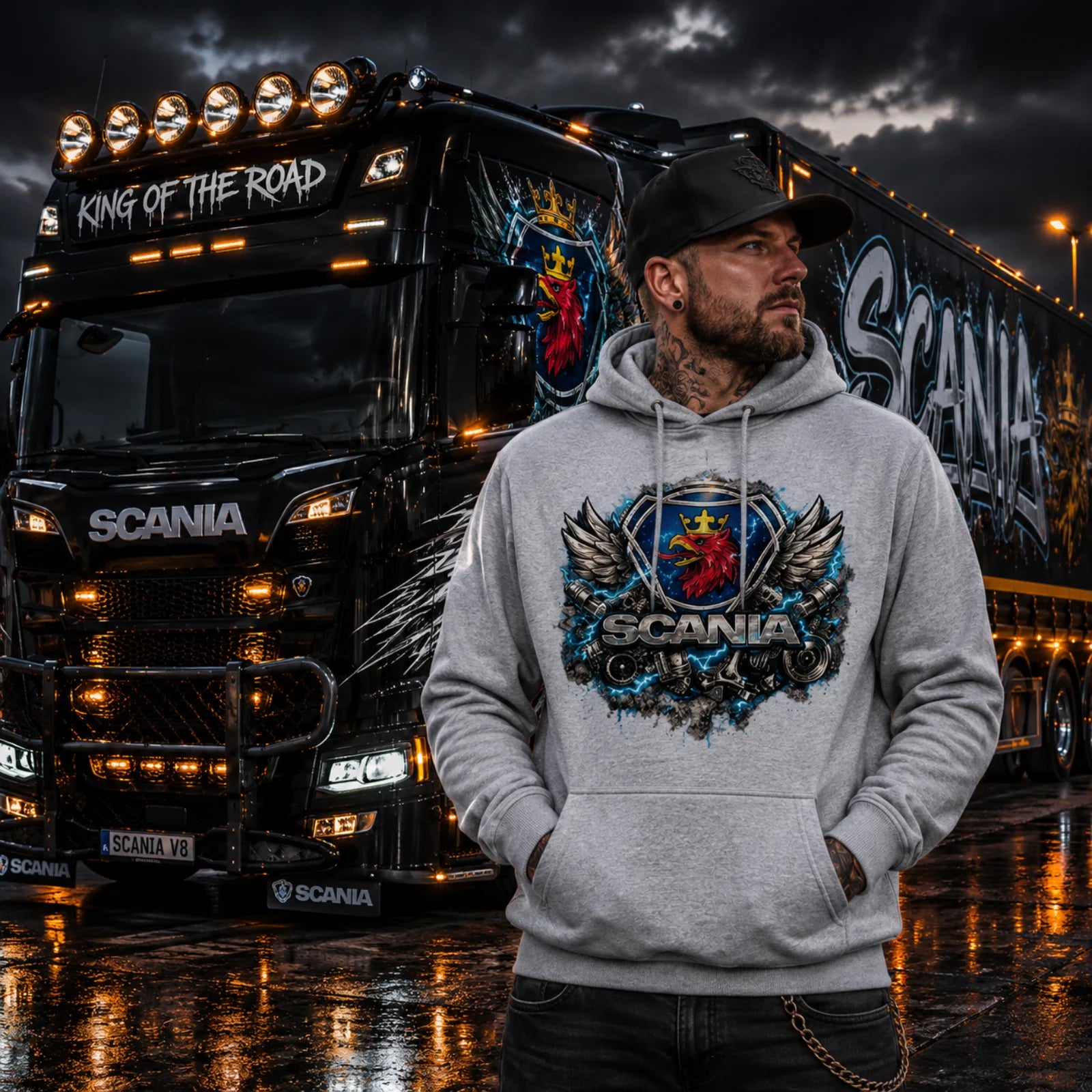 Grau melierter Hoodie mit Kapuze und großem Frontprint, Kängurutasche