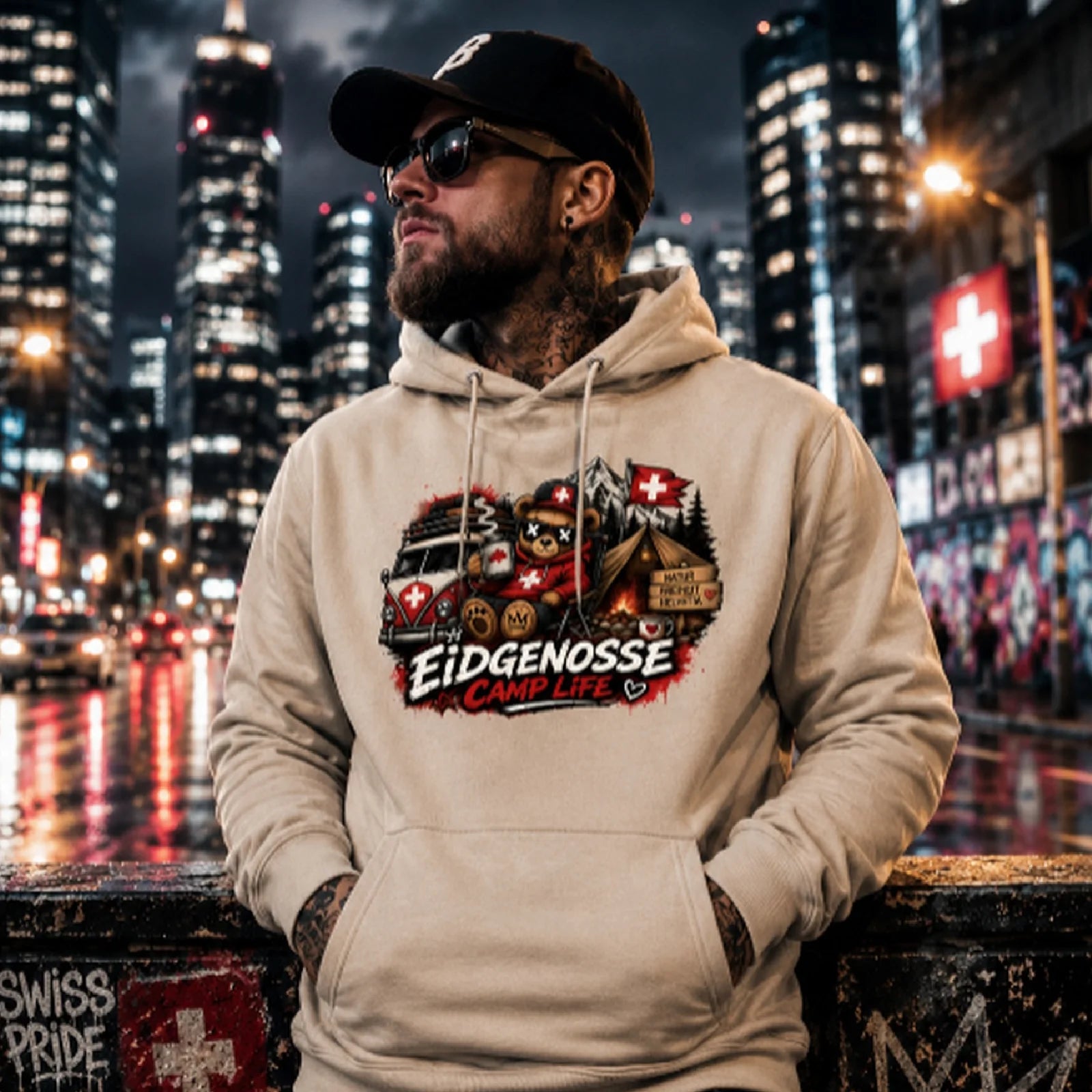 Beiger Hoodie mit Kapuze und großer Eidgenosse-Frontgrafik