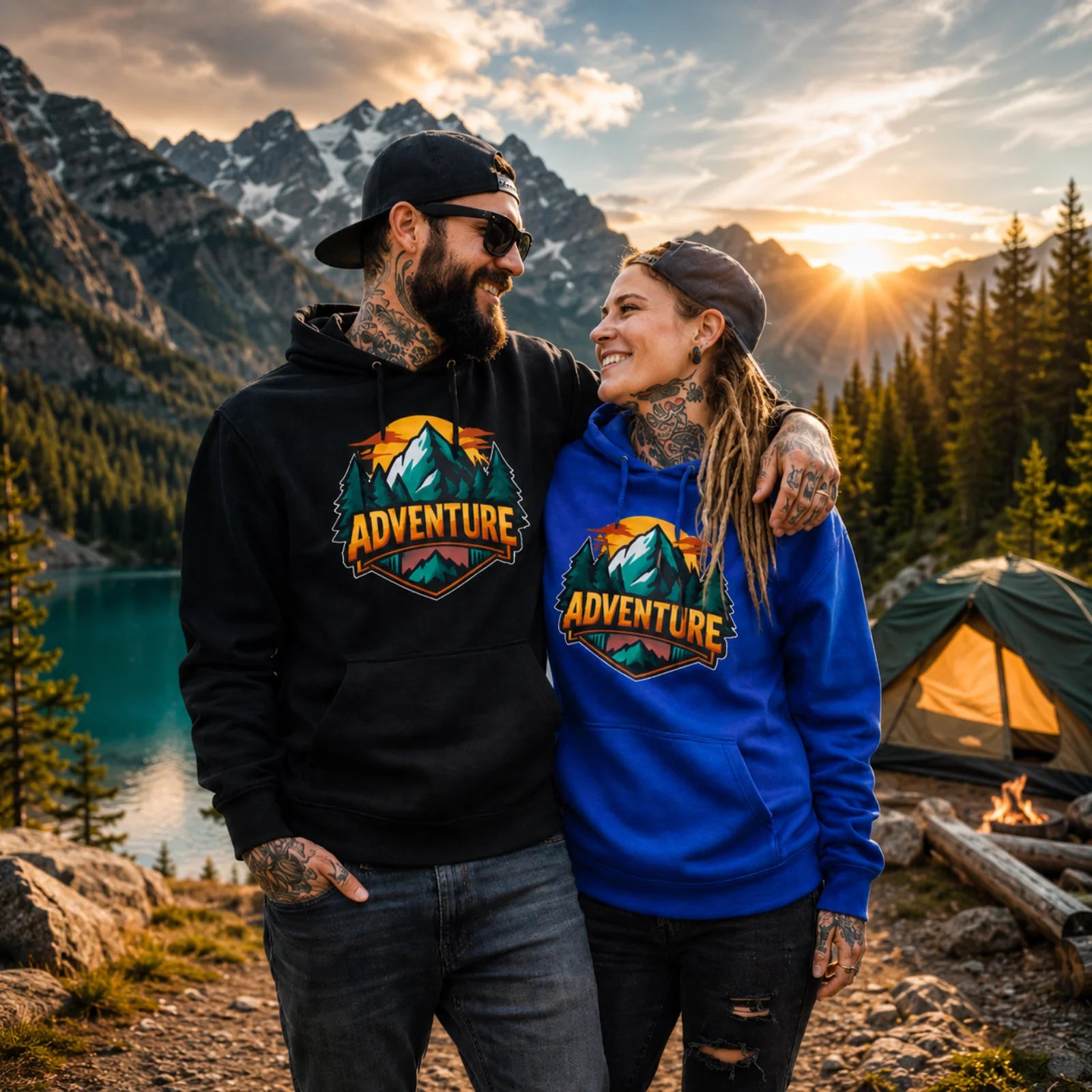 Kapuzensweatshirt mit Frontprint, Kängurutasche, schwarz und blau, mit Kapuze