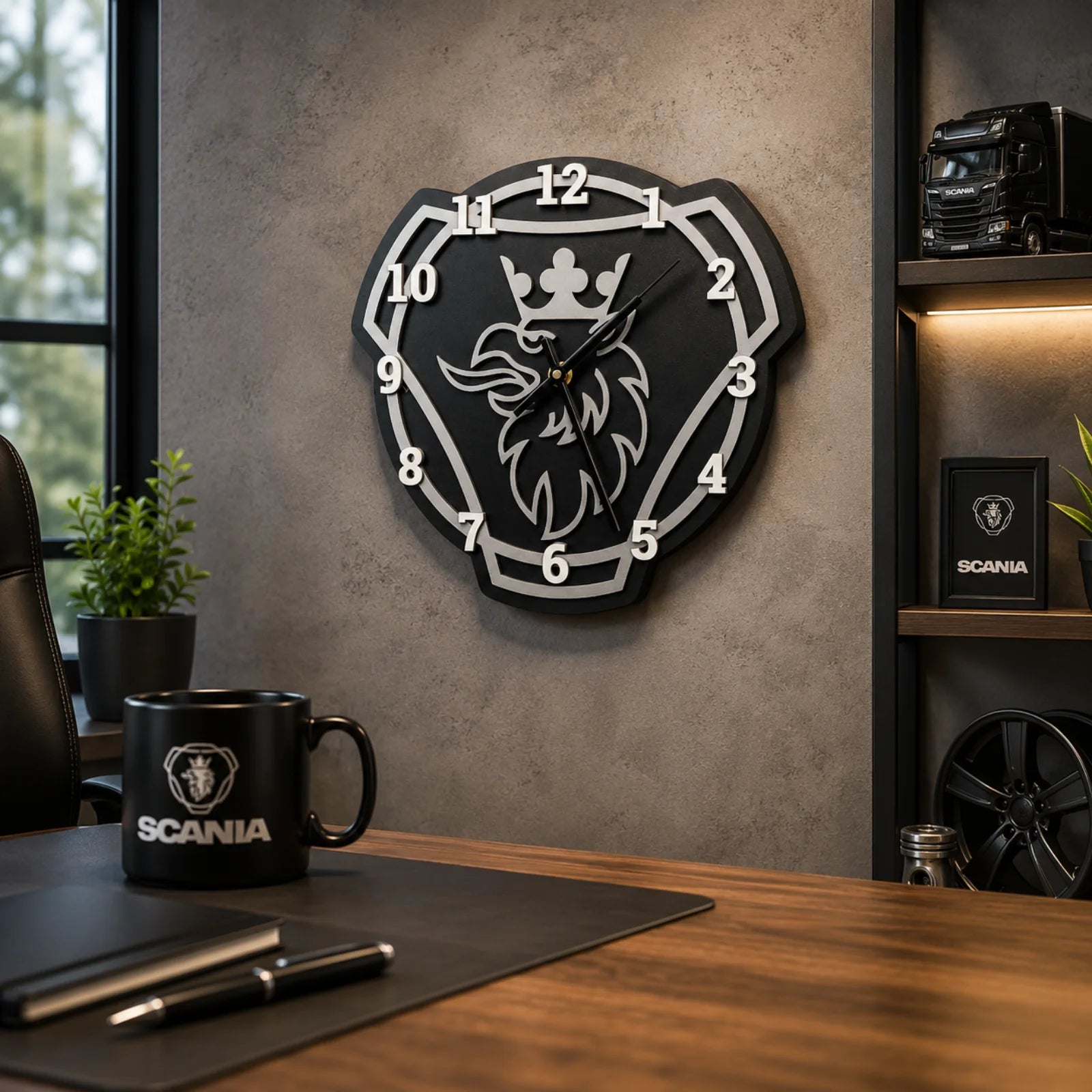 Wanduhr mit rundem schwarzem Zifferblatt, weißen Zahlen und Scania-Logo, Metallzeiger