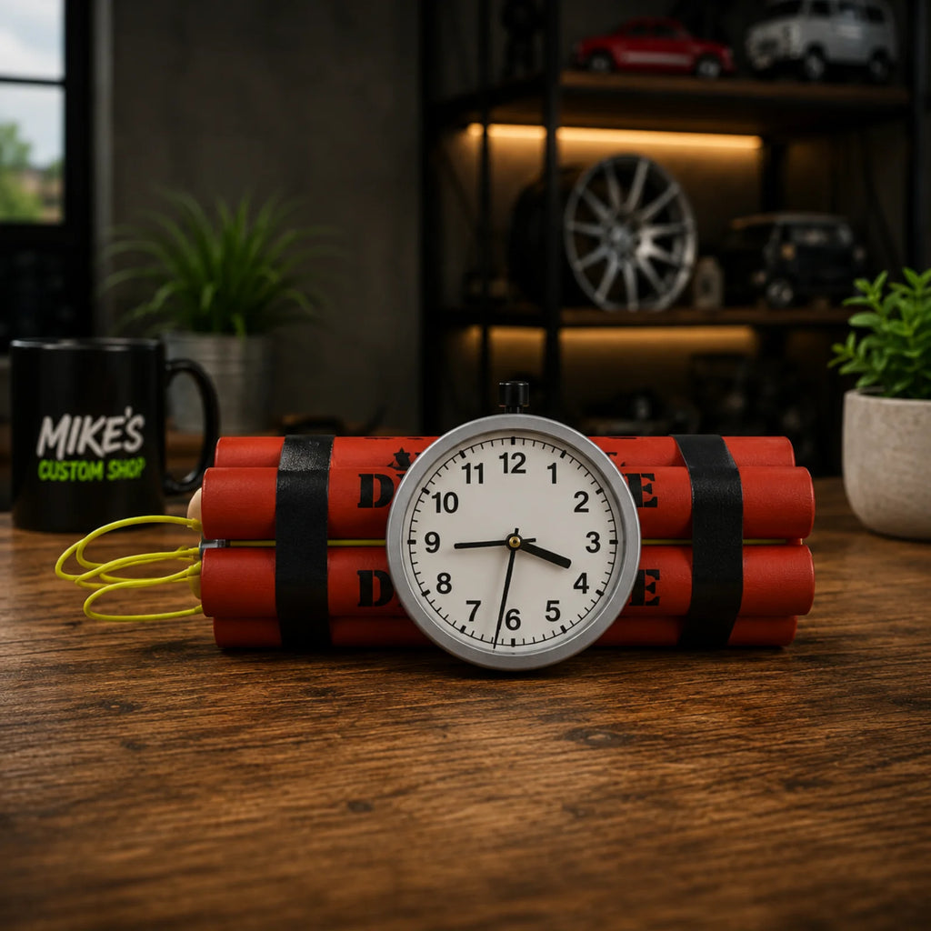 Tischuhr im Dynamit-Look: runde Uhr mit weißem Zifferblatt, rot-schwarz umwickelt