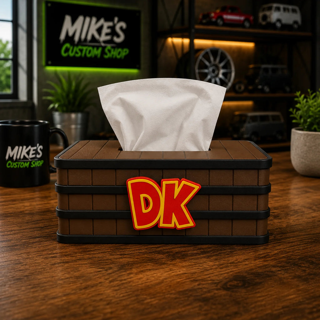 Taschentuchbox aus 3D-Druck, braunes Ziegelmuster, DK-Logo, Gehäuse mit Taschentuchöffnung