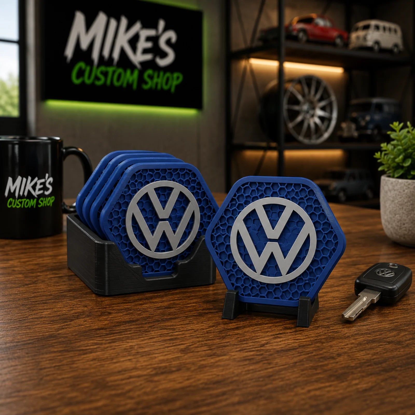 Blaues Untersetzer-Set aus PLA mit 3D-Halter und VW-Logo, sechseckig geformt