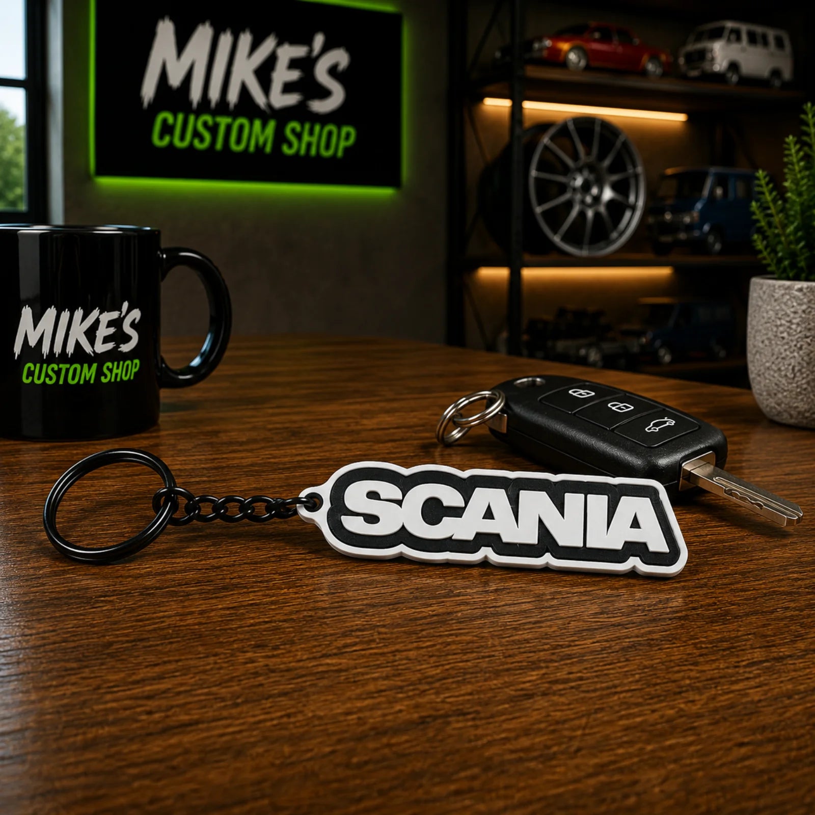 Scania Schlüsselanhänger mit Schriftzug, 3D-PLA-Anhänger in Weiß mit schwarzem Rahmen