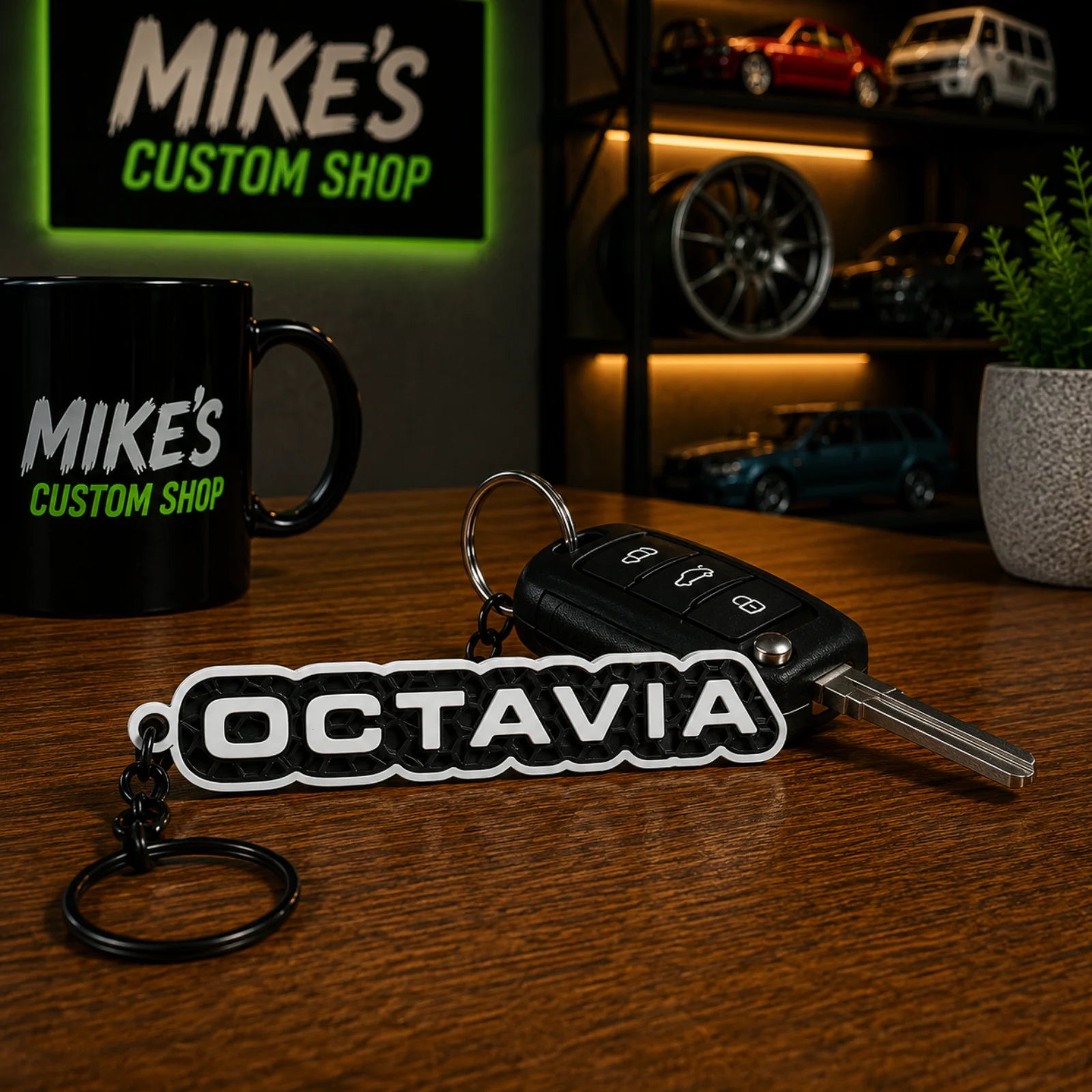 Schlüsselanhänger mit 3D-Druck „OCTAVIA“ und Autoschlüssel aus PLA