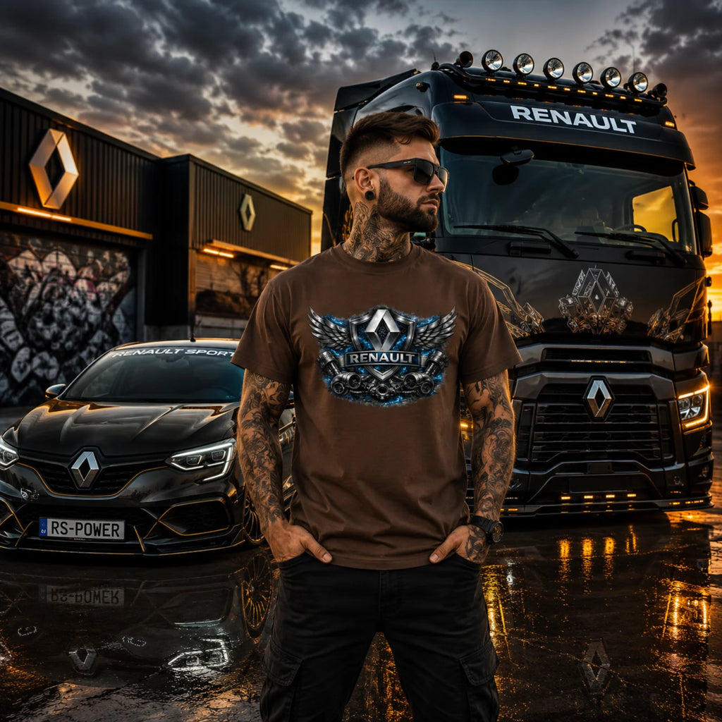 Braunes Renault T-Shirt mit Flügel-Logo-Print, von einem Mann getragen