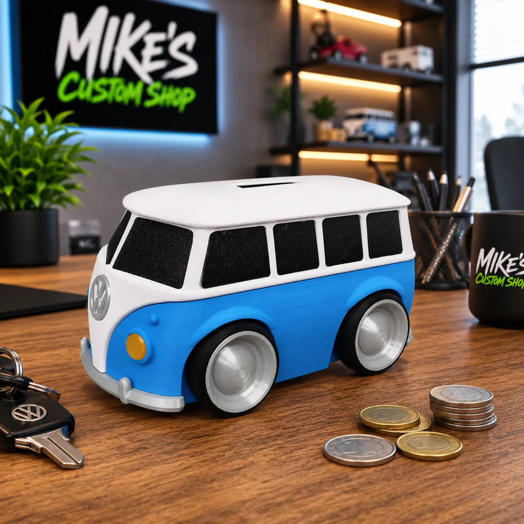 Blau-weiße VW Bulli Spardose im Bulli-Design mit Münzeinsatz oben