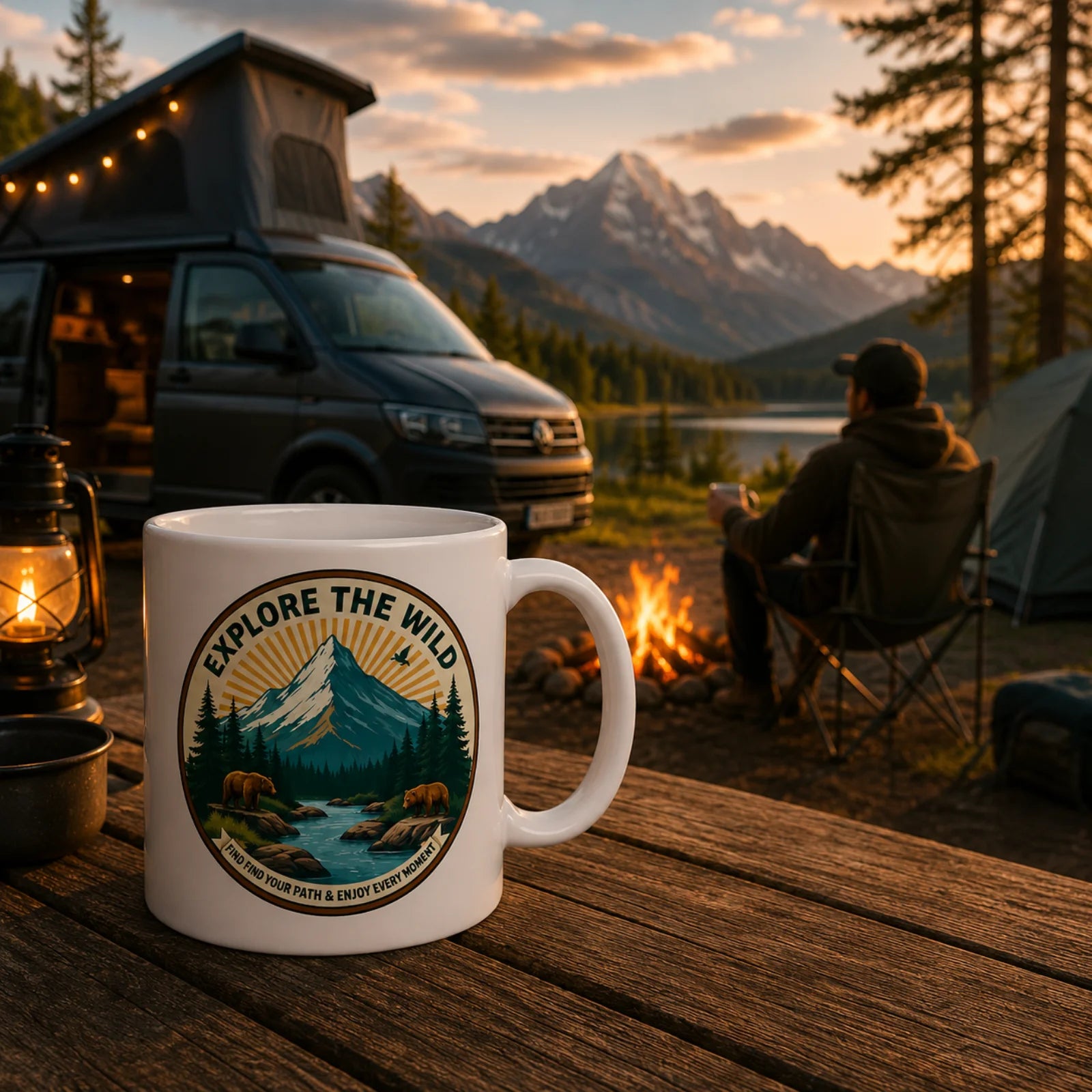 Camping-Tasse aus Polymer, weiß mit Outdoor-Aufdruck und breitem Henkel