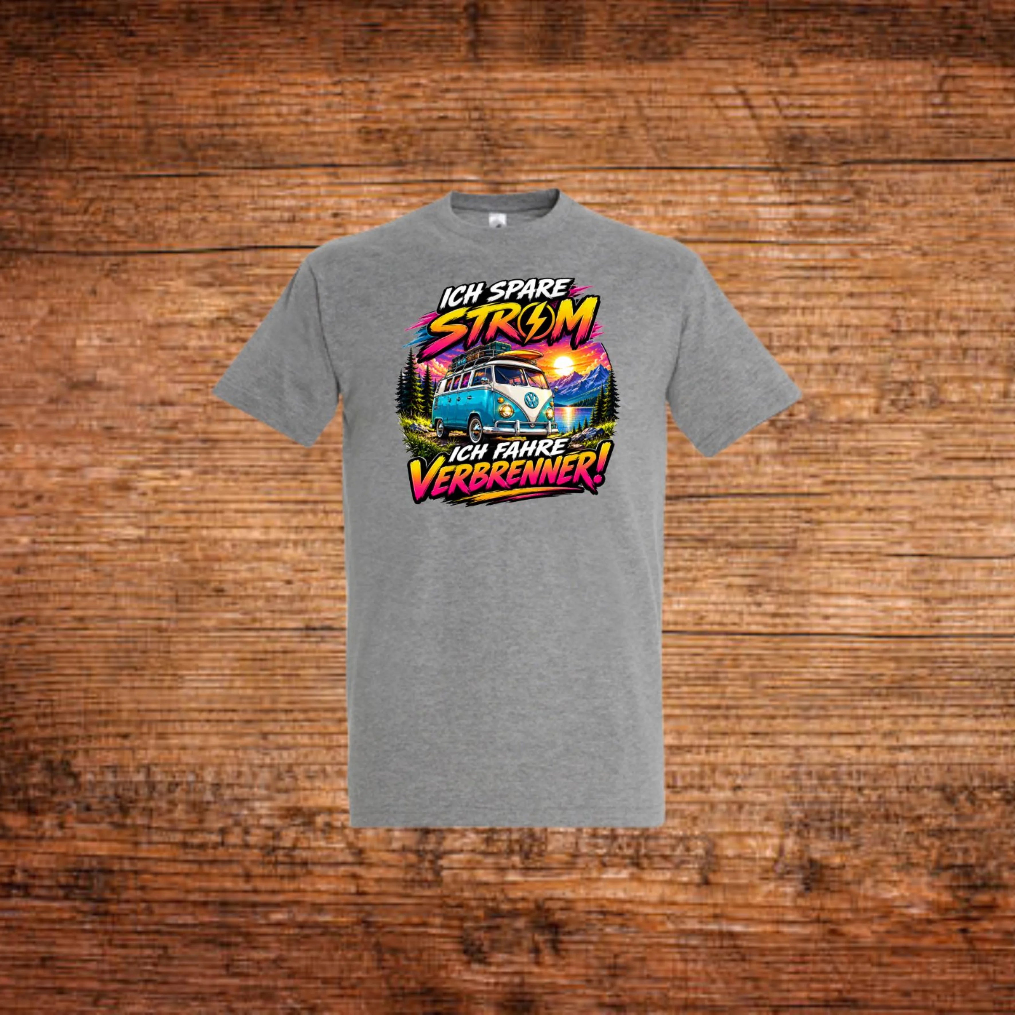 Grau meliertes T-Shirt mit großem Schrift- und Bulli-Aufdruck „Ich spare Strom“/„Ich fahre Verbrenner!“