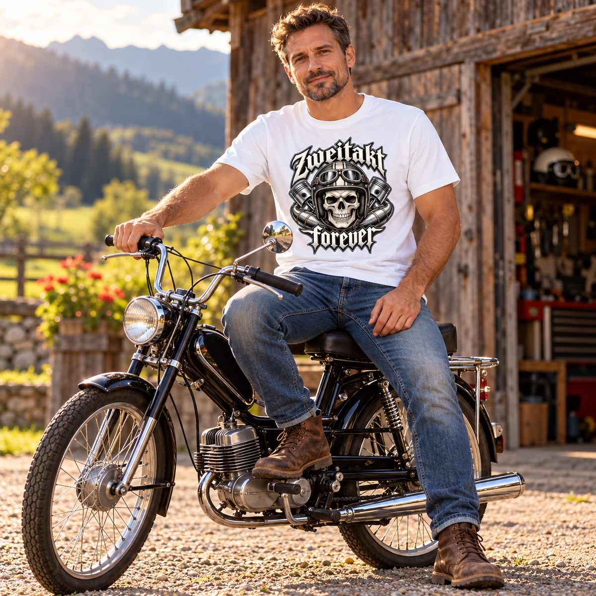 Weißes Herren-T-Shirt mit großem Zweitakt Forever Totenkopf-Helm-Print vorne
