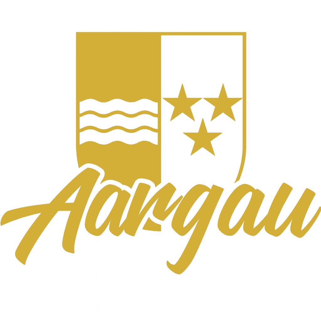 Aargau-Sticker: Wappen mit Wellen und drei Sternen, goldfarbener Schriftzug „Aargau“.