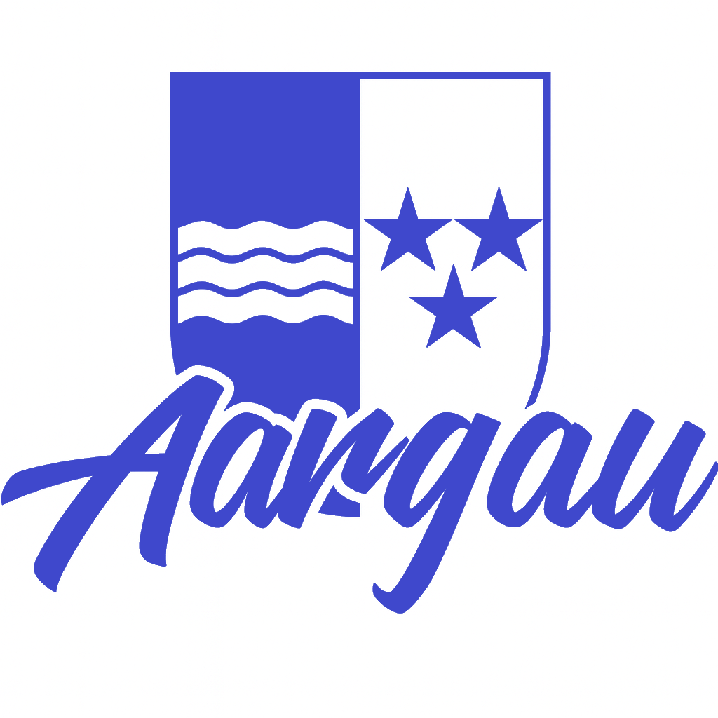 Aargau-Sticker: Wappen mit Wellen und drei Sternen, blaues Wappen, Schriftzug „Aargau“.