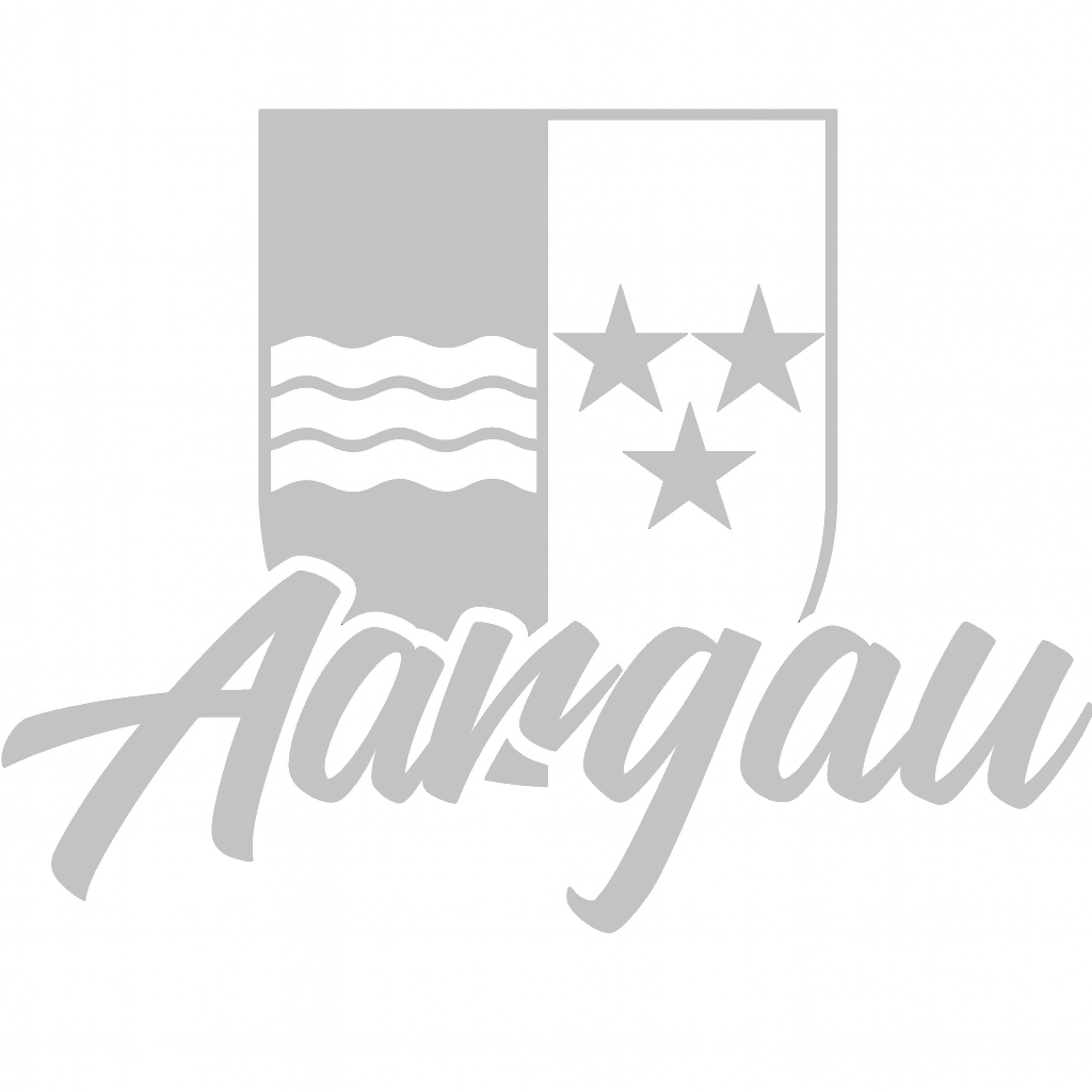 Aargau-Sticker: Wappen mit Wellen und drei Sternen, grauer Schriftzug „Aargau“.